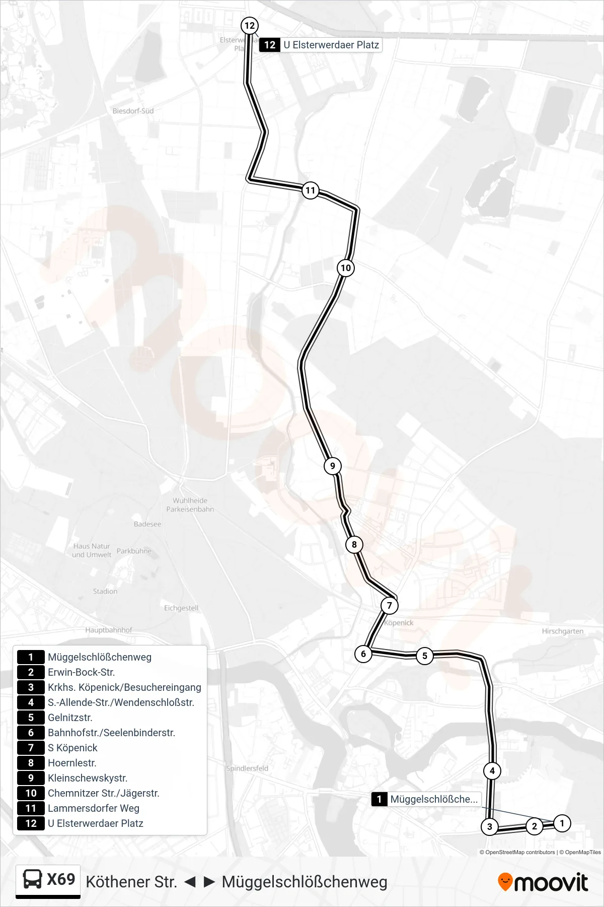 Linie X69 (Bus) Richtung U Elsterwerdaer Platz: Route und Haltestellen auf der Karte