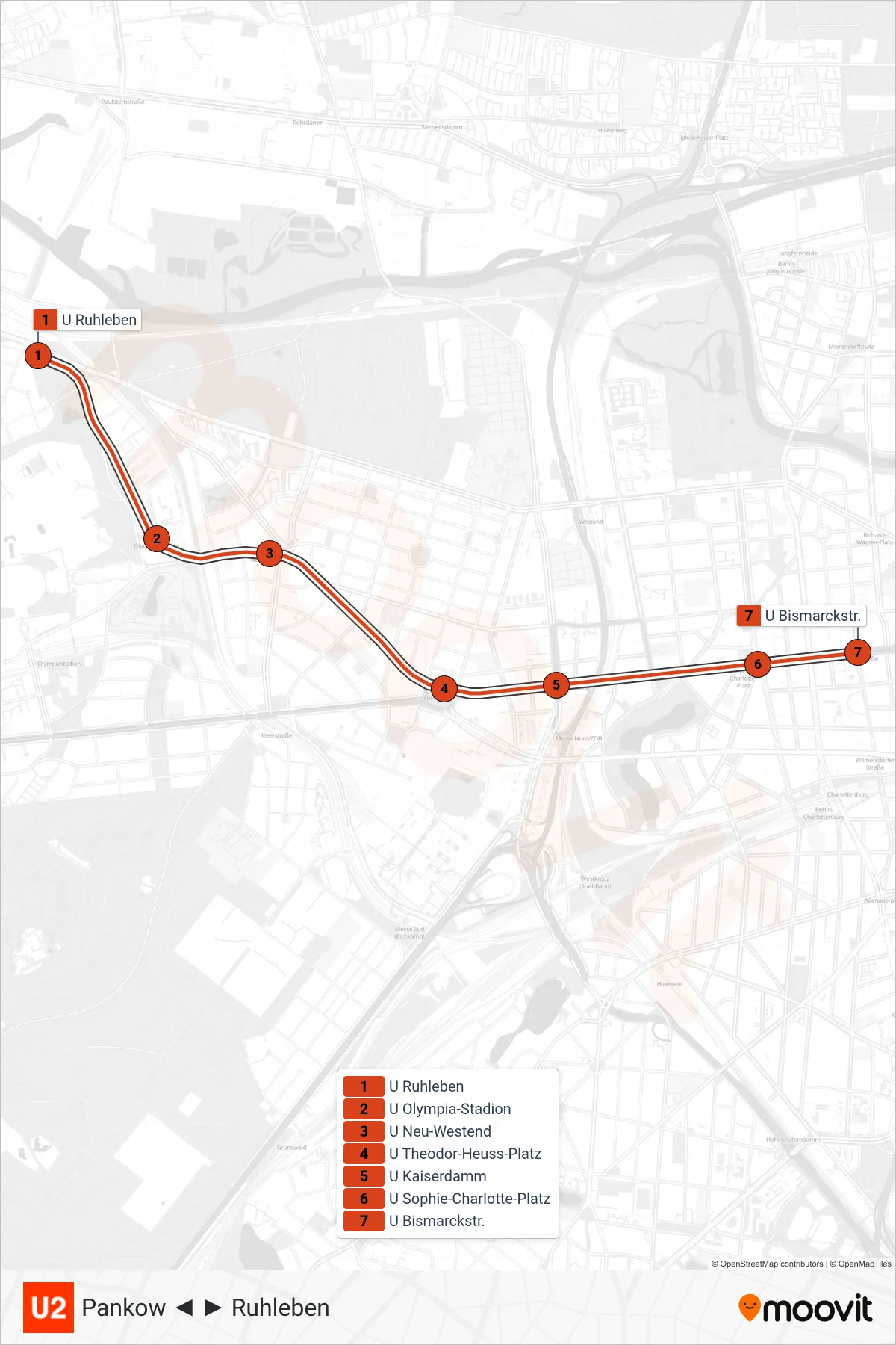 Linie U2 (U-Bahn) Richtung Bismarckstr.: Route und Haltestellen auf der Karte