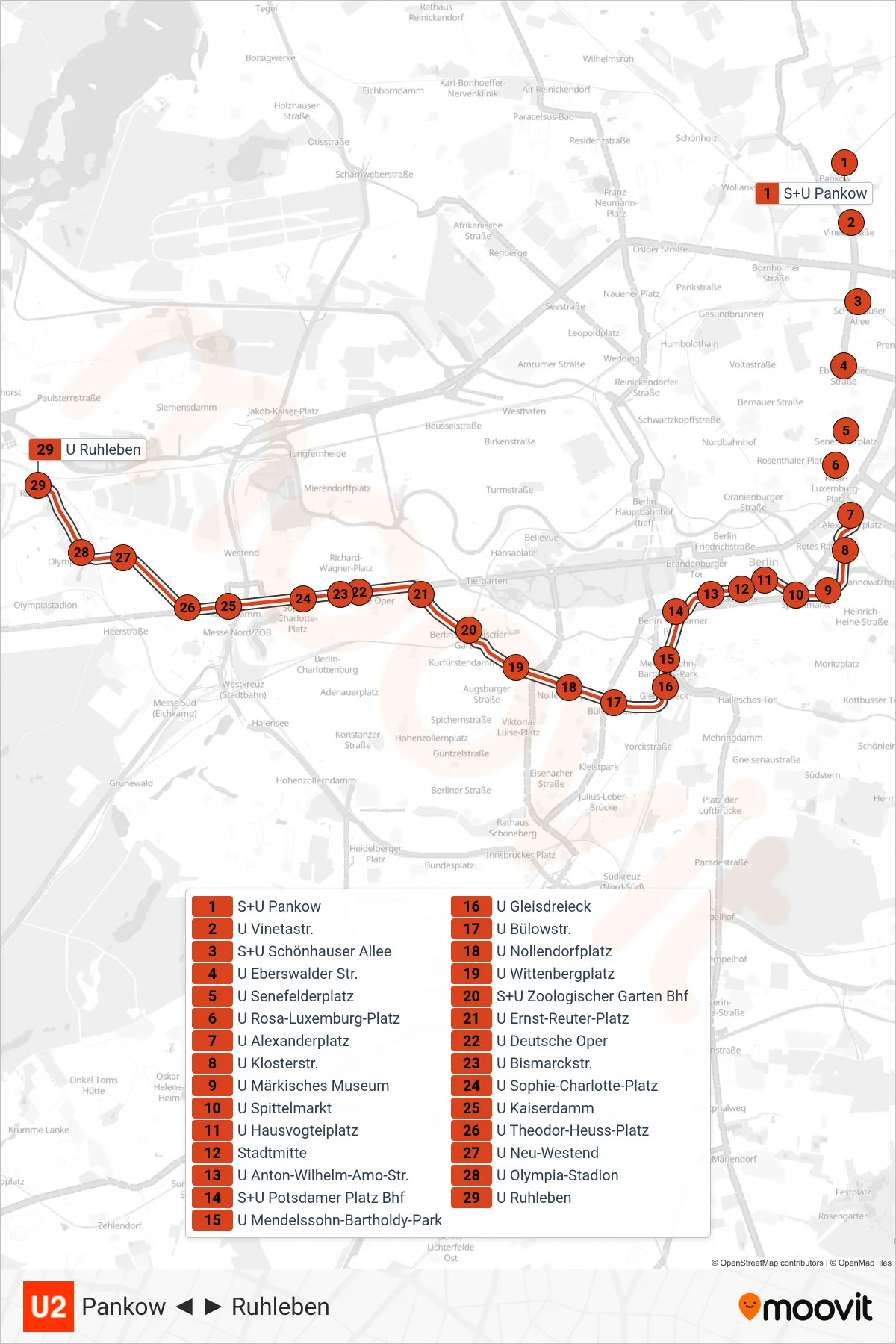 Linie U2 (U-Bahn) Richtung Ruhleben: Route und Haltestellen auf der Karte