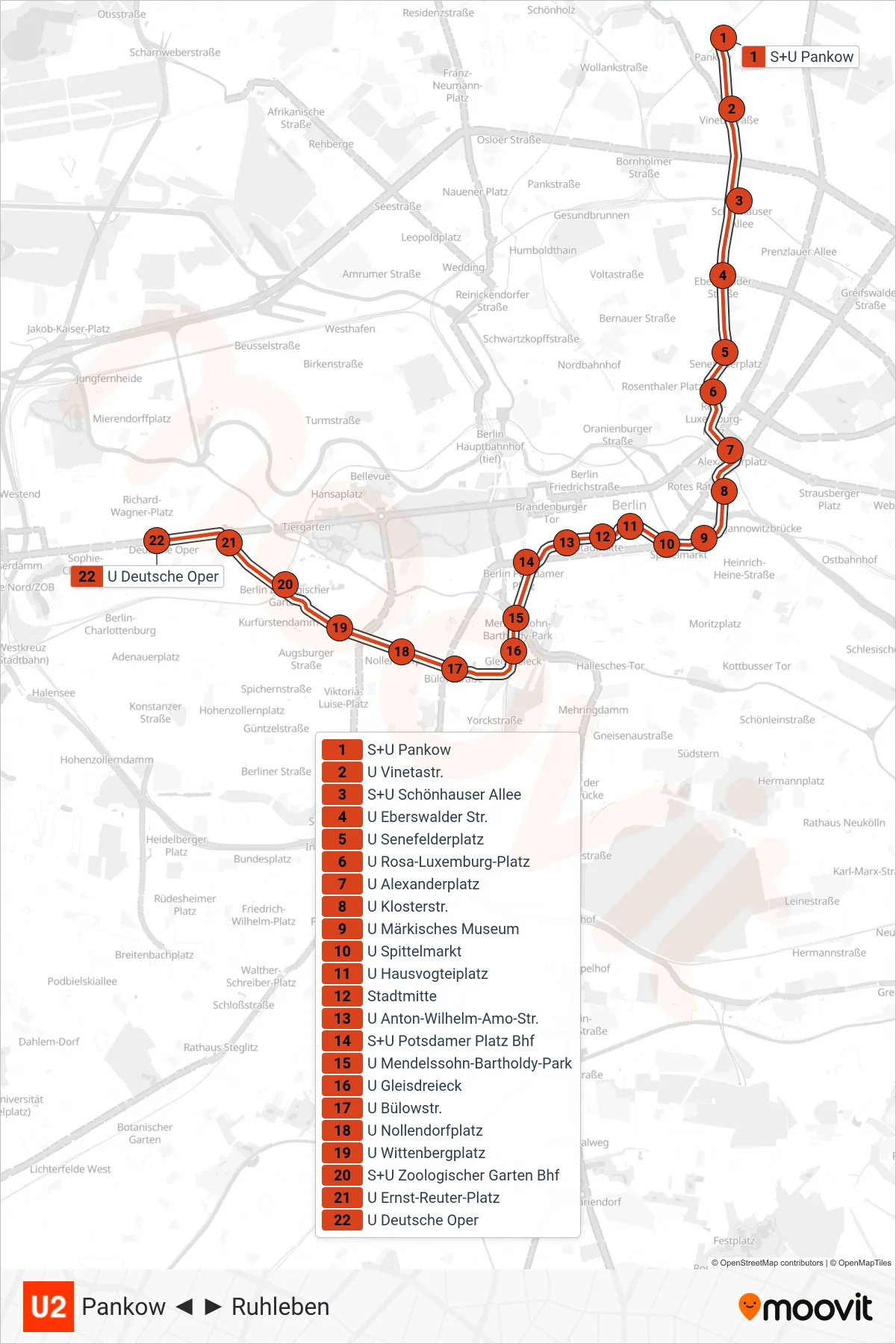 U2 subway Line (Deutsche Oper) route and stops on a map