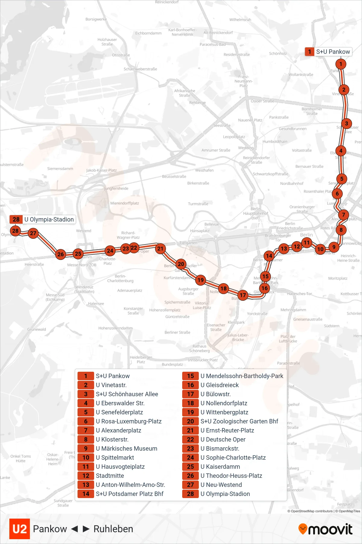Linie U2 (U-Bahn) Richtung Olympia-Stadion: Route und Haltestellen auf der Karte