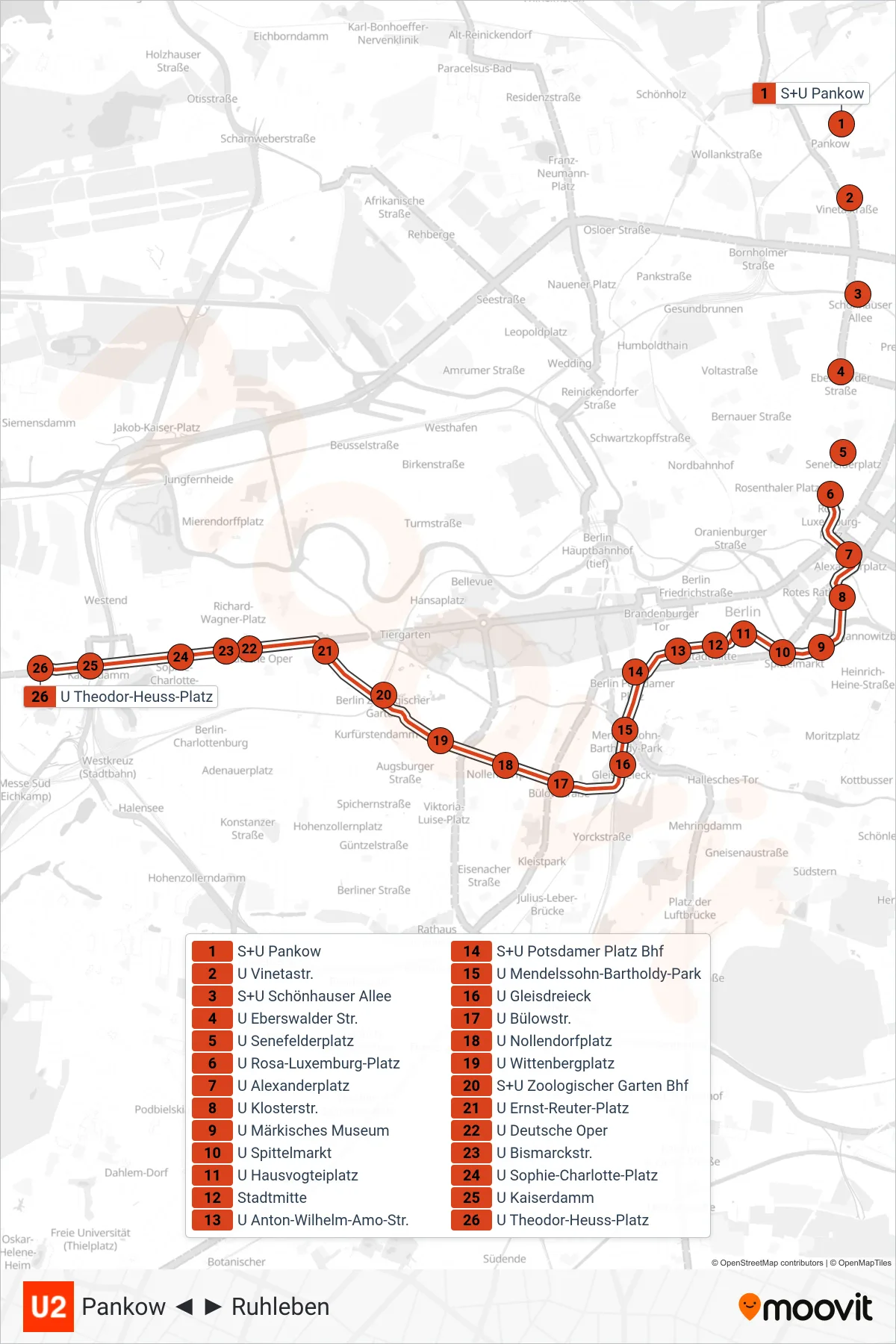 U2 subway Line (Theodor-Heuss-Platz) route and stops on a map