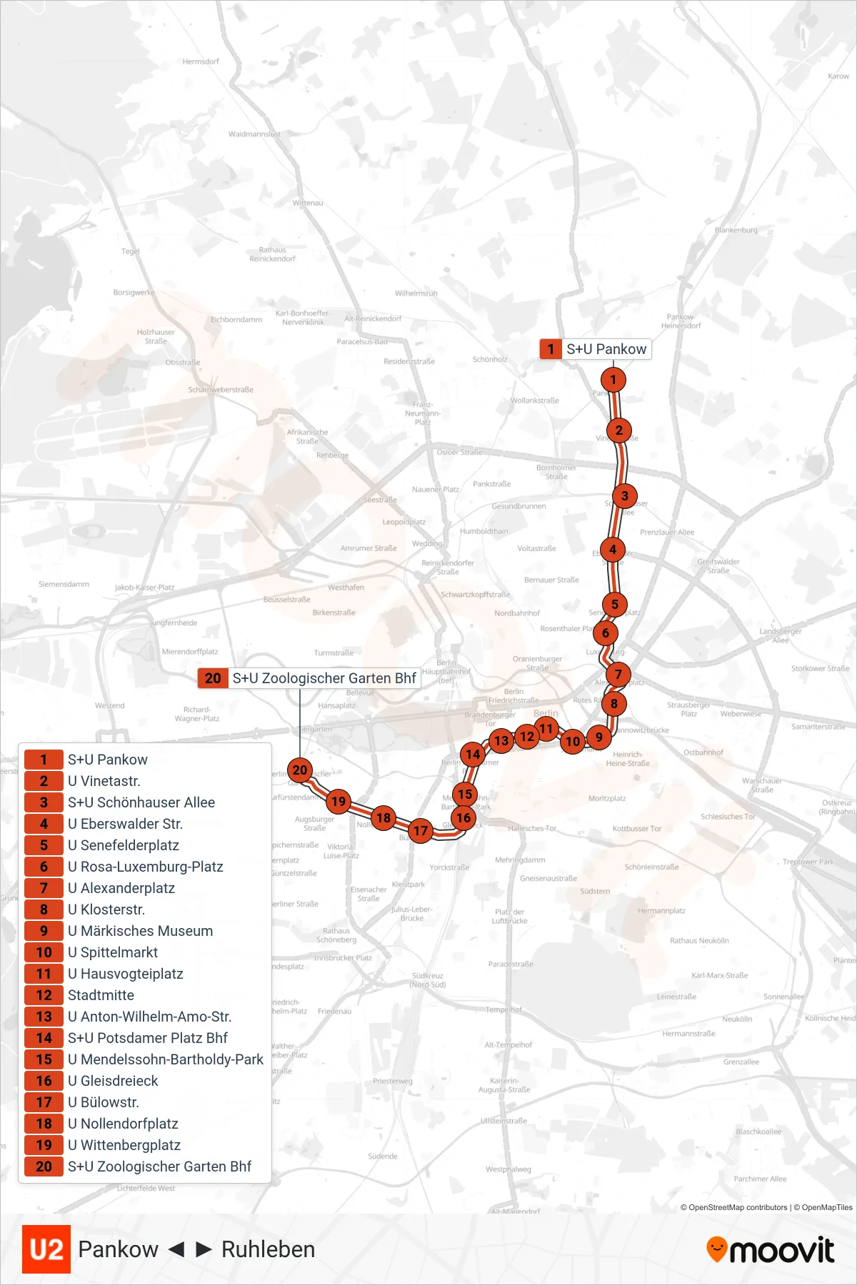 U2 subway Line (Zoologischer Garten Bhf) route and stops on a map