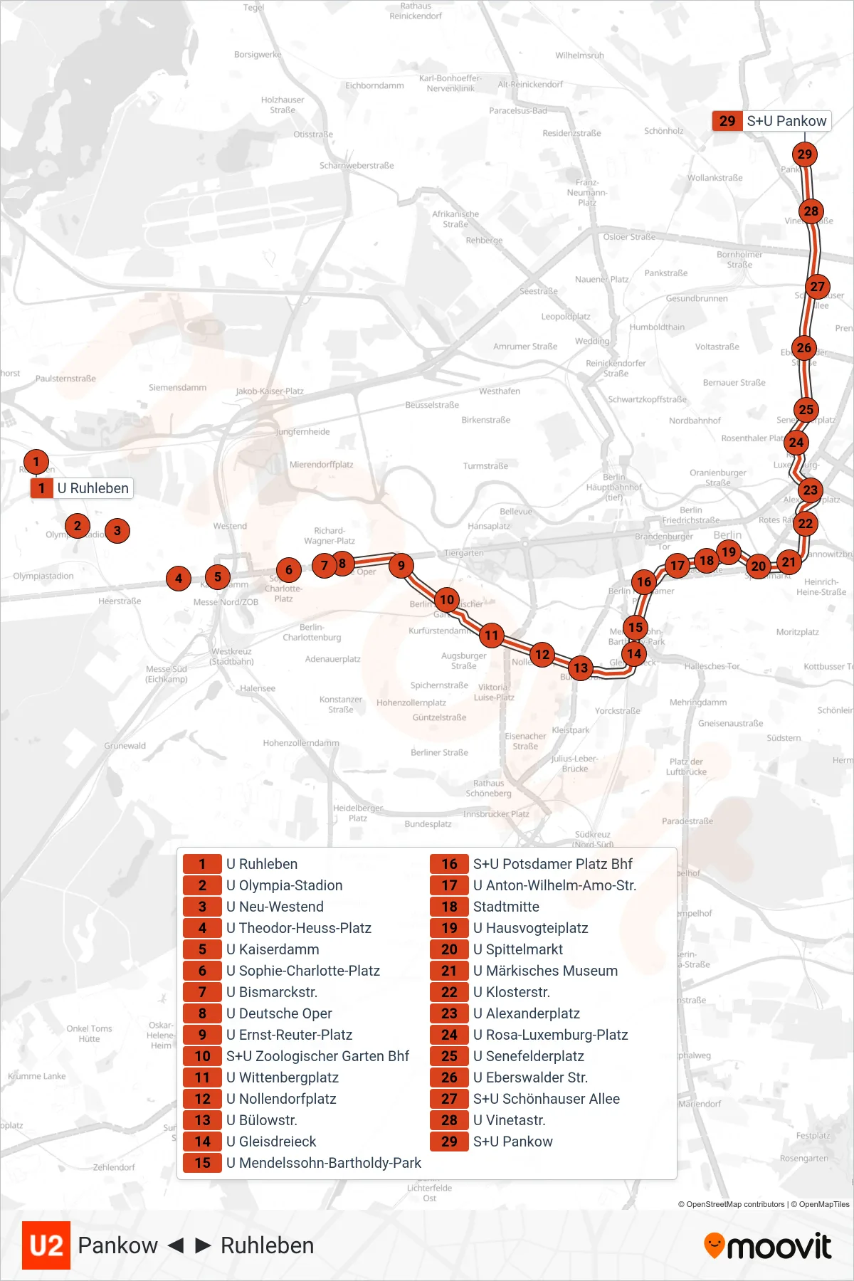 Linie U2 (U-Bahn) Richtung Pankow: Route und Haltestellen auf der Karte