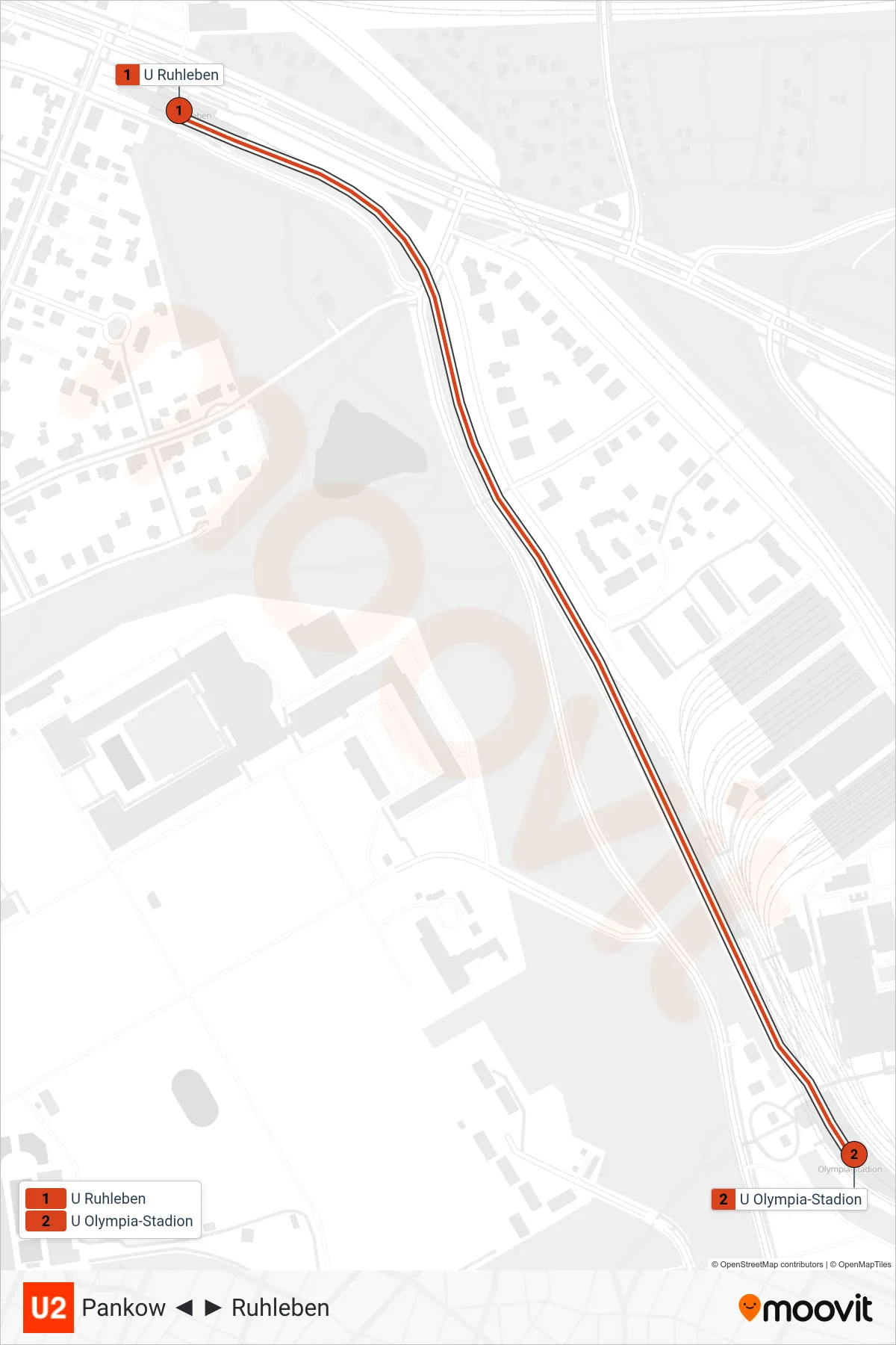 Linie U2 (U-Bahn) Richtung Olympia-Stadion: Route und Haltestellen auf der Karte