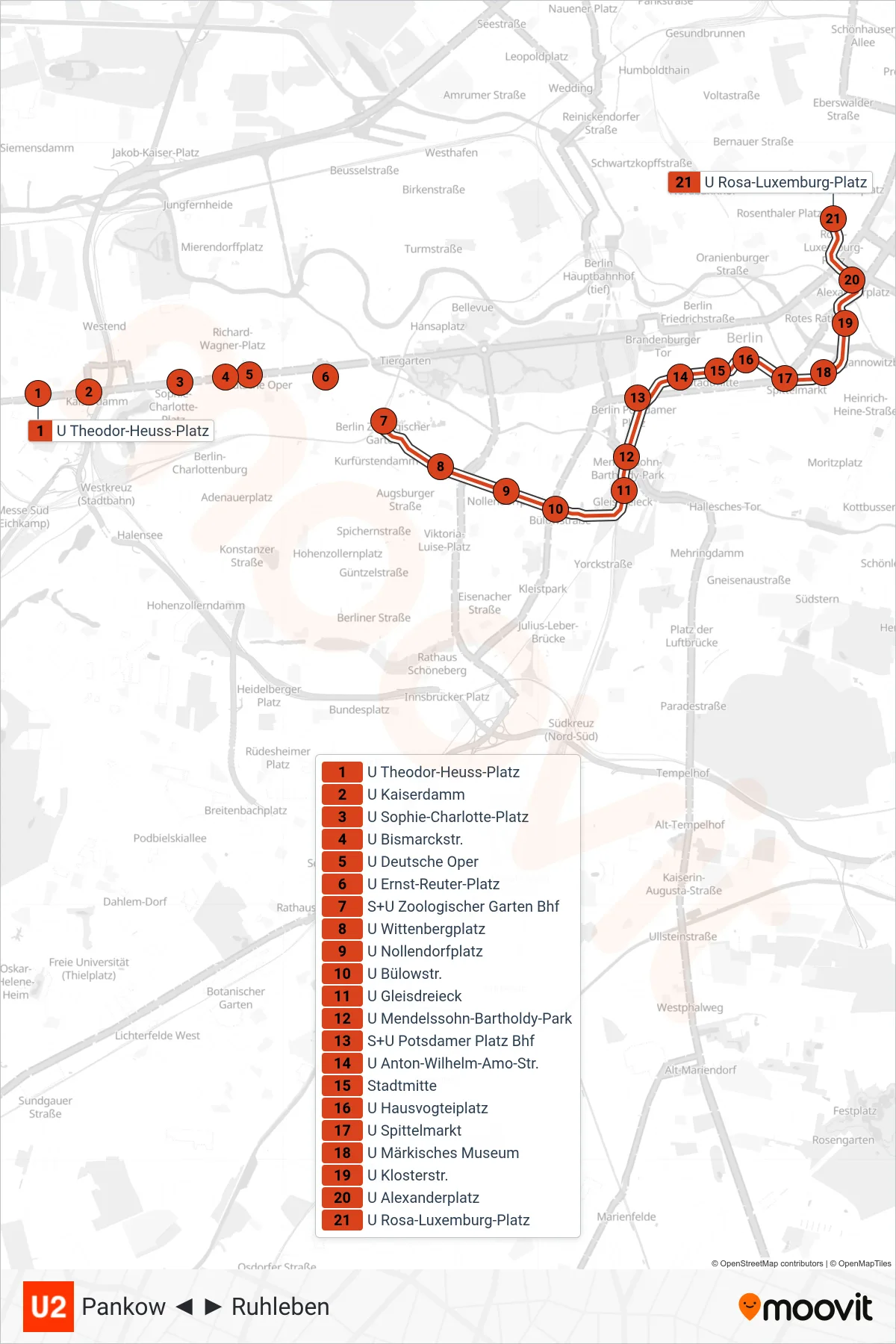 Linie U2 (U-Bahn) Richtung Rosa-Luxemburg-Platz: Route und Haltestellen auf der Karte