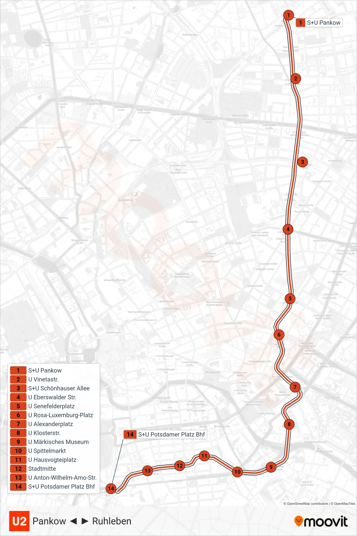 Linie U2 (U-Bahn) Richtung Potsdamer Platz Bhf: Route und Haltestellen auf der Karte