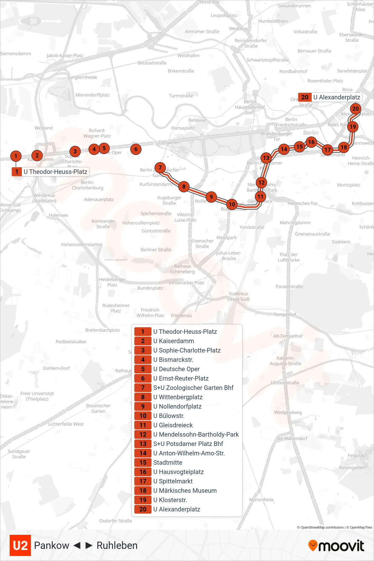 Linie U2 (U-Bahn) Richtung Alexanderplatz Bhf: Route und Haltestellen auf der Karte