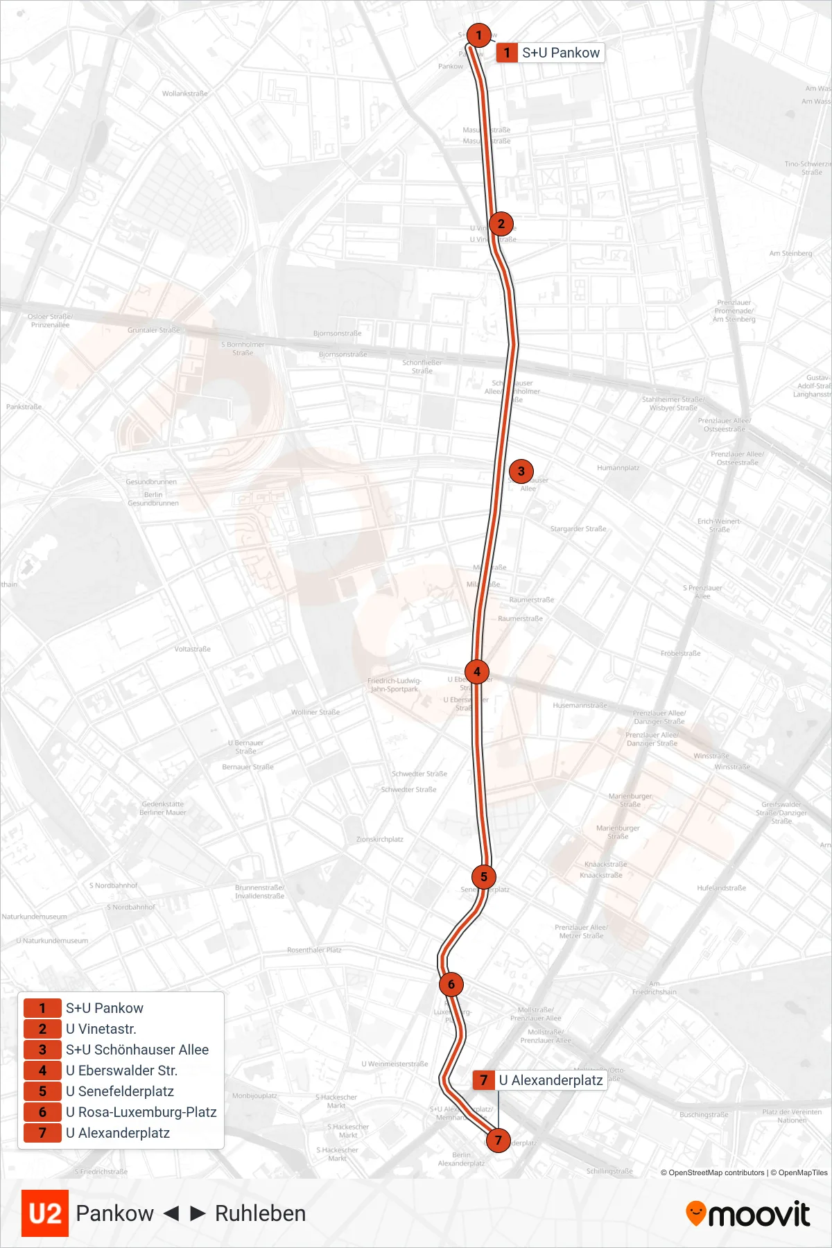 Linie U2 (U-Bahn) Richtung Alexanderplatz Bhf: Route und Haltestellen auf der Karte
