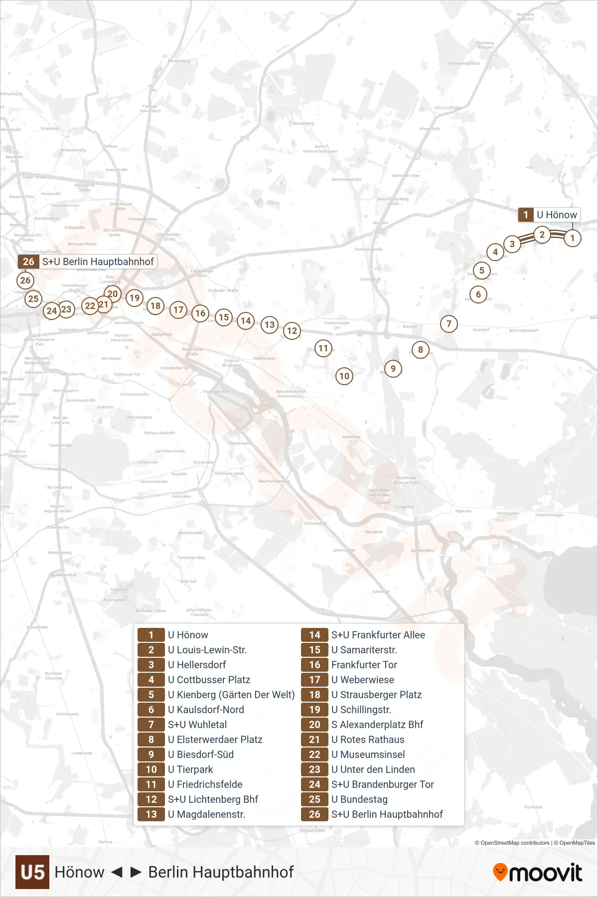 Linie U5 (U-Bahn) Richtung S+U Hauptbahnhof: Route und Haltestellen auf der Karte