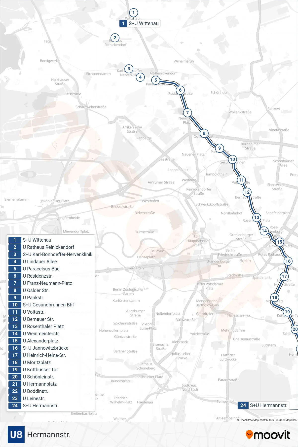 Linie U8 (U-Bahn) Richtung Hermannstr.: Route und Haltestellen auf der Karte
