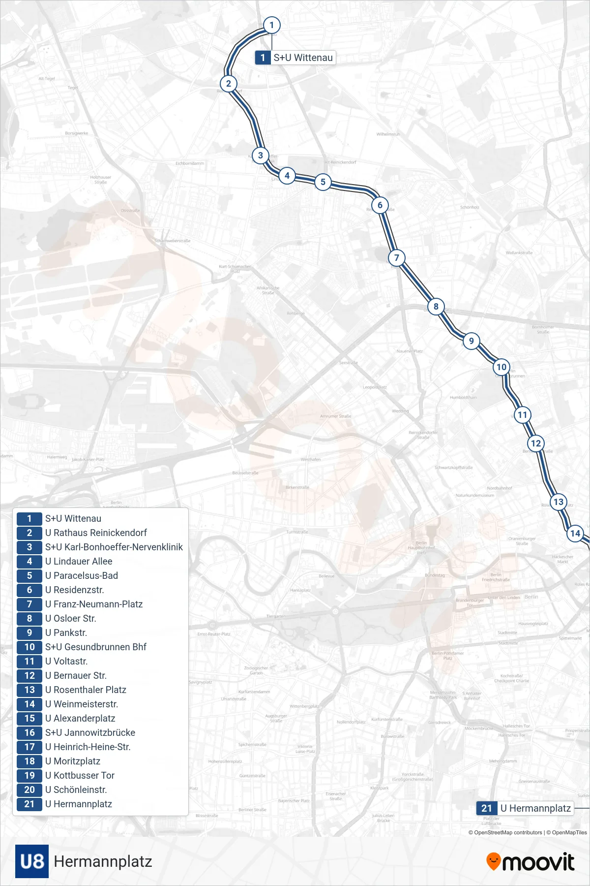 Linie U8 (U-Bahn) Richtung Hermannplatz: Route und Haltestellen auf der Karte