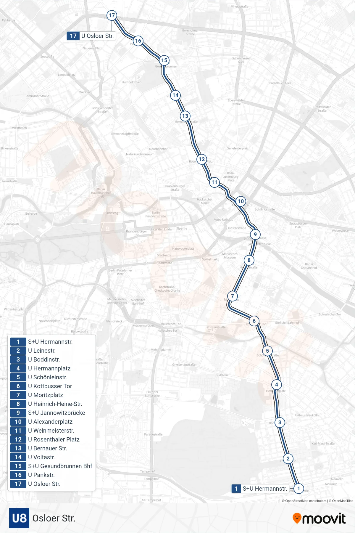 U8 subway Line (Osloer Str.) route and stops on a map