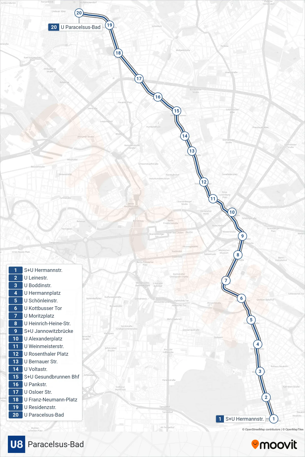 U8 subway Line (Paracelsus-Bad) route and stops on a map