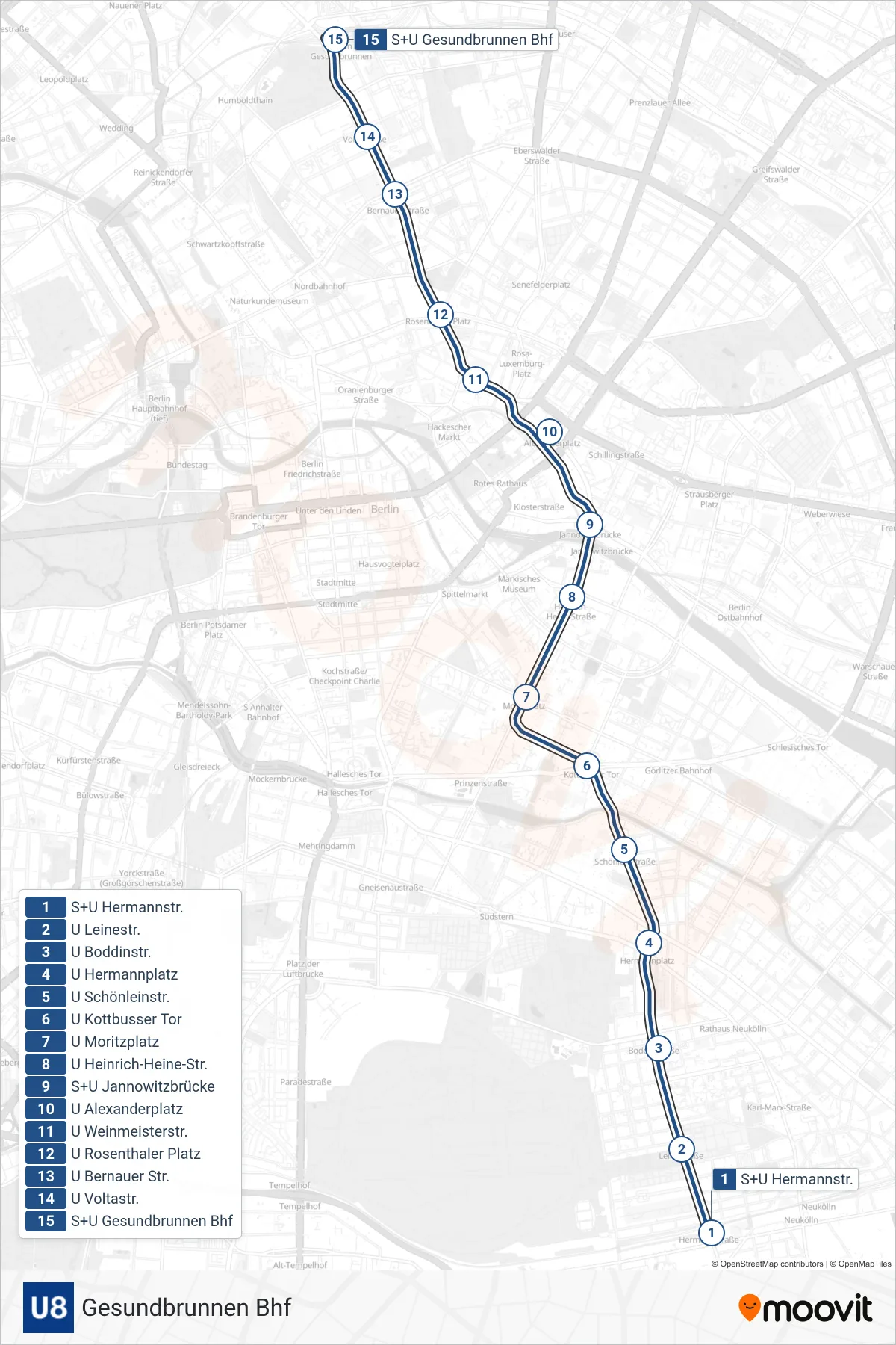 Linie U8 (U-Bahn) Richtung Gesundbrunnen Bhf: Route und Haltestellen auf der Karte