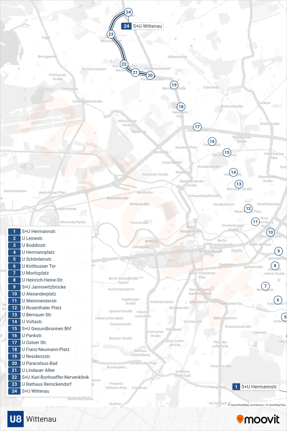 Linie U8 (U-Bahn) Richtung Wittenau: Route und Haltestellen auf der Karte