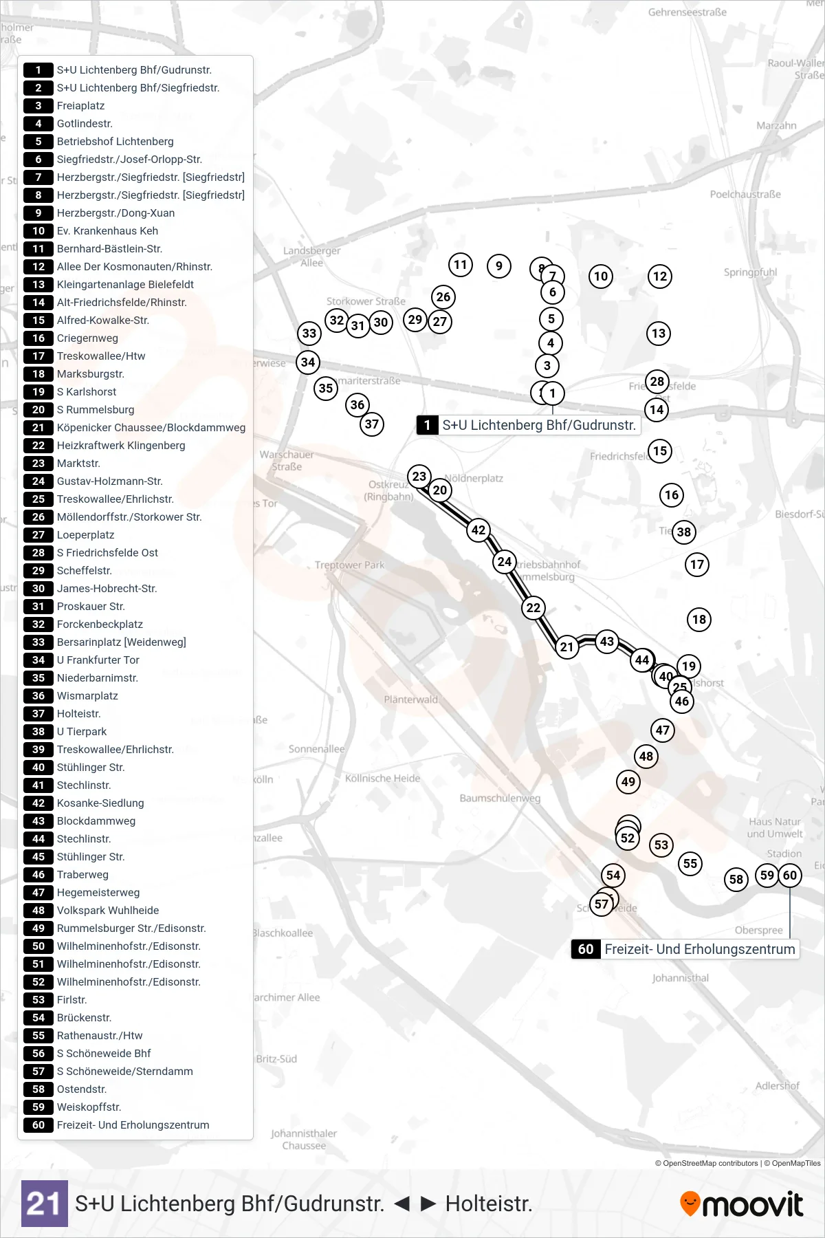 Linie 21 (Straßenbahn) Richtung S Schöneweide/Sterndamm: Route und Haltestellen auf der Karte