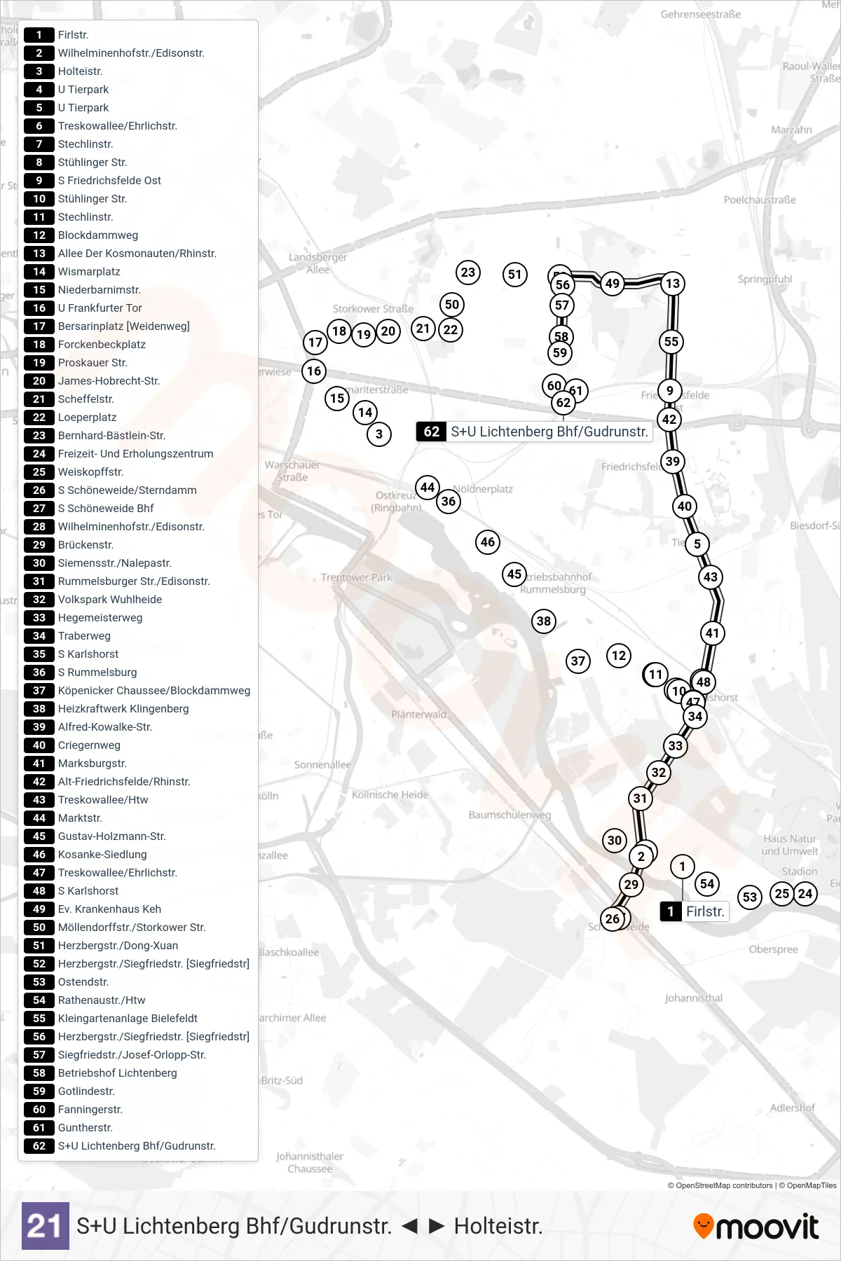 Linie 21 (Straßenbahn) Richtung S+U Lichtenberg Bhf/Gudrunstr.: Route und Haltestellen auf der Karte