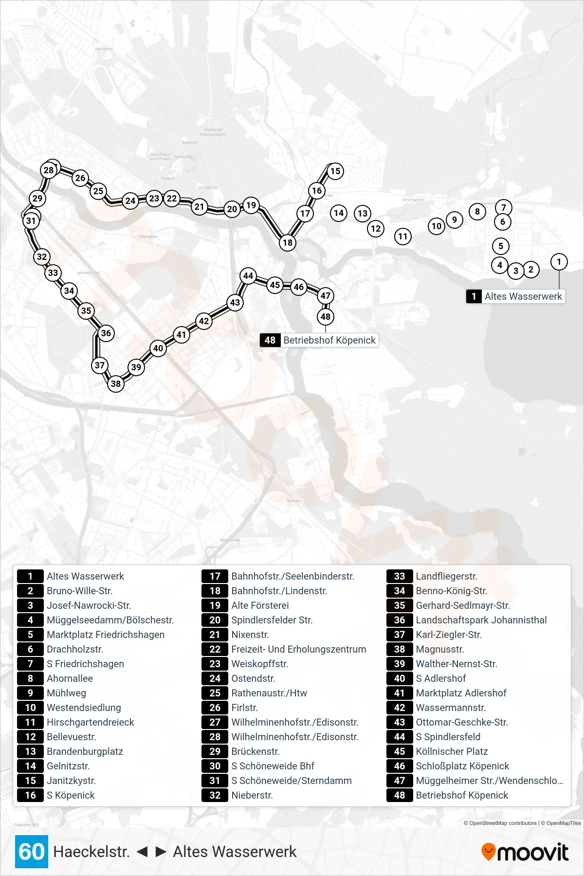 Linie 60 (Straßenbahn) Richtung Betriebshof Köpenick: Route und Haltestellen auf der Karte