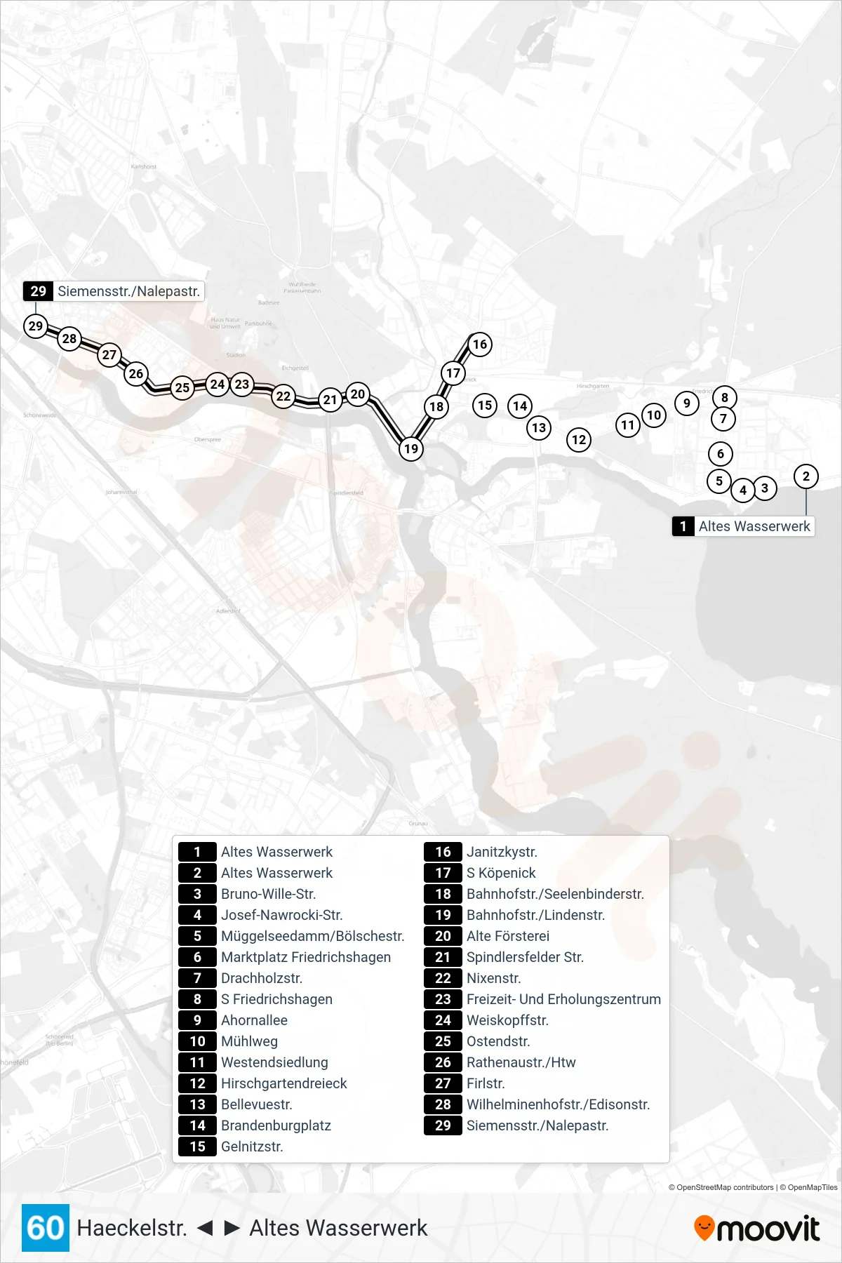 Linie 60 (Tram) Richtung Siemensstr./Nalepastr.: Route und Haltestellen auf der Karte