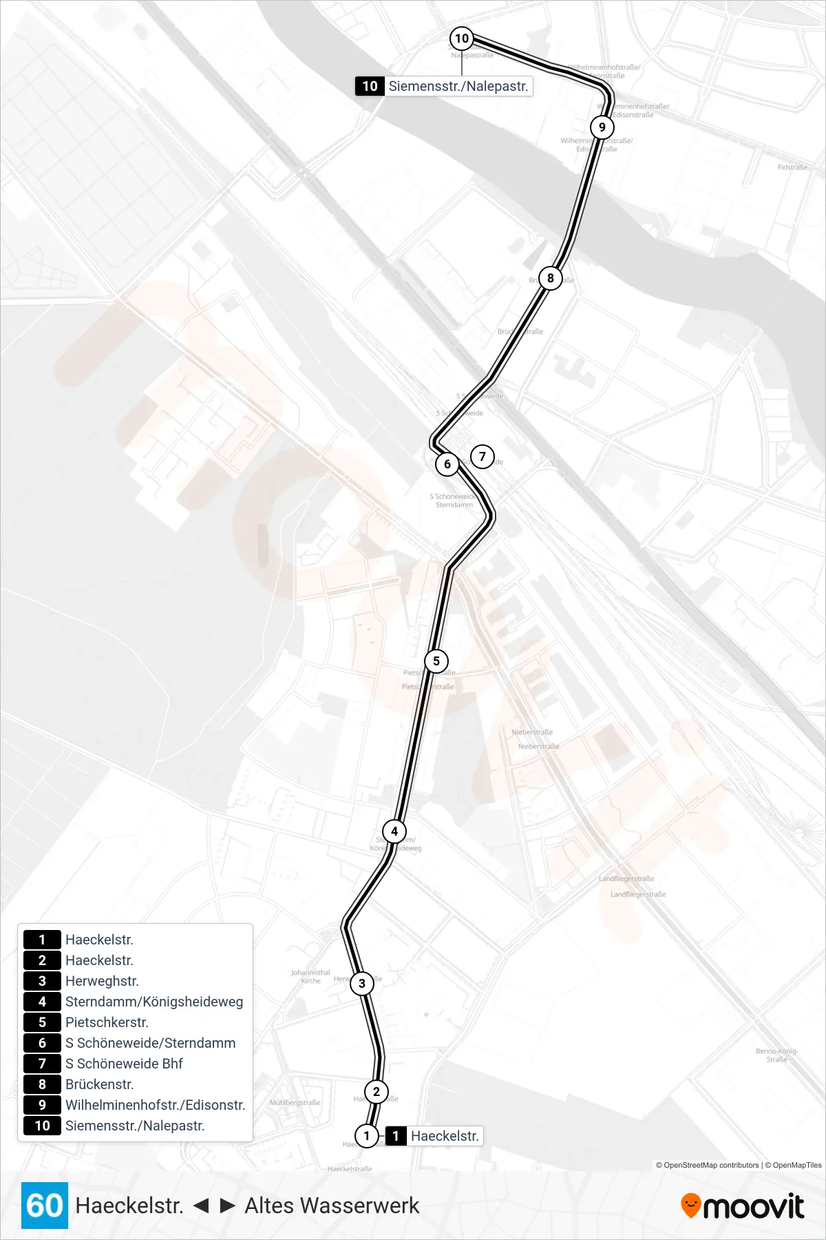 Linie 60 (Straßenbahn) Richtung Siemensstr./Nalepastr.: Route und Haltestellen auf der Karte