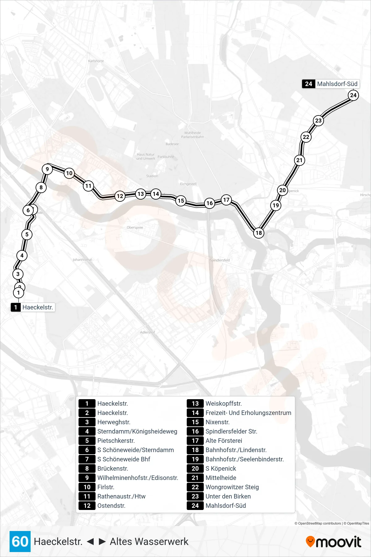 Linie 60 (Straßenbahn) Richtung Mahlsdorf-Süd: Route und Haltestellen auf der Karte