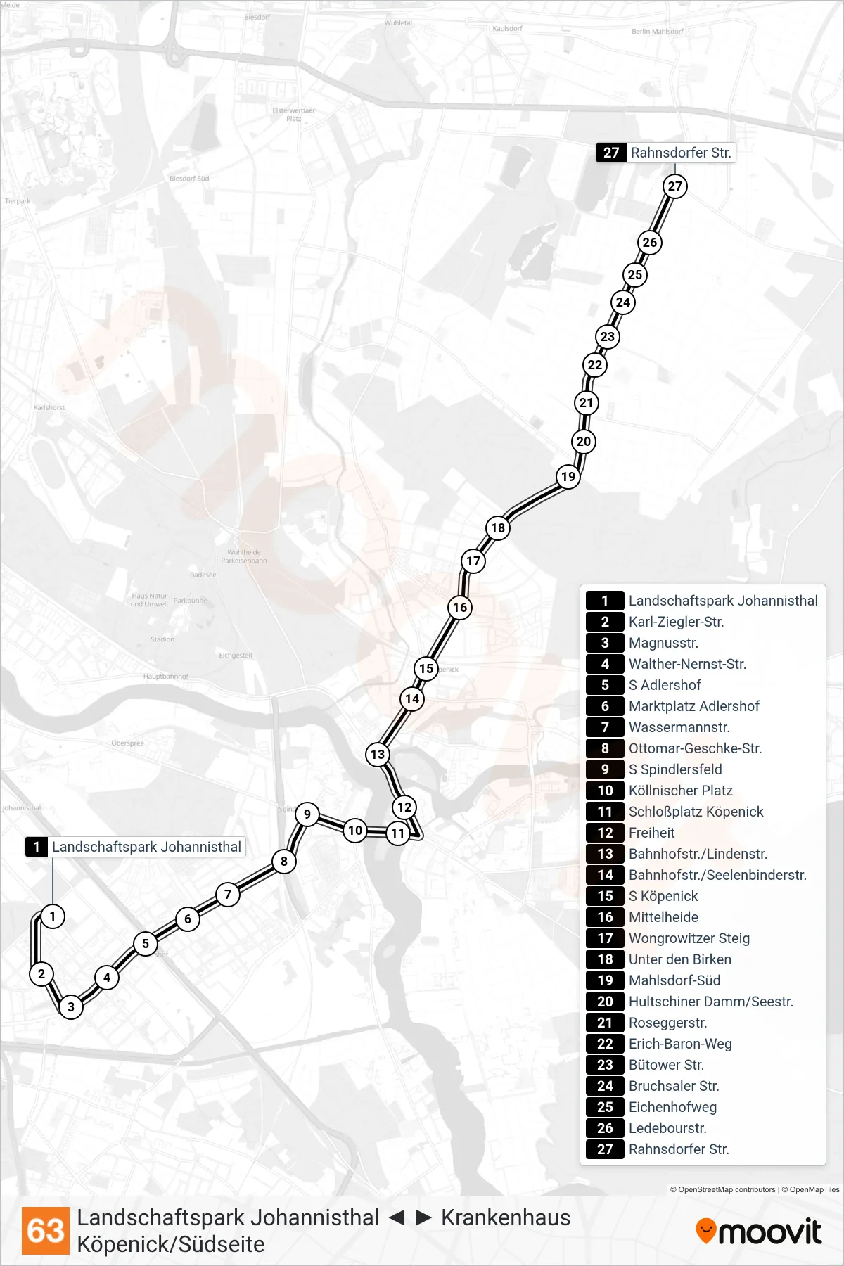 63 tram Line (Rahnsdorfer Str.) route and stops on a map