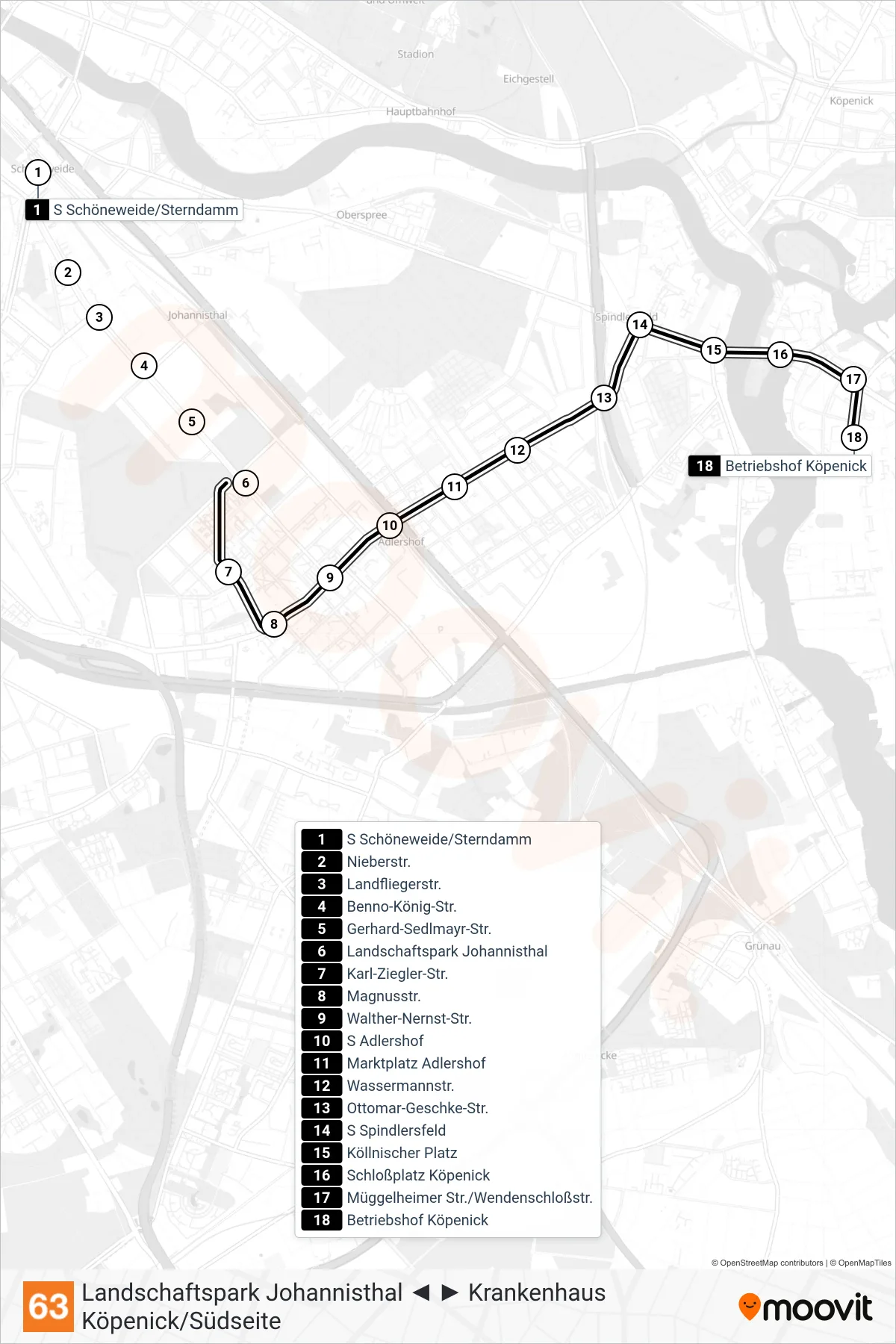 Linie 63 (Tram) Richtung Betriebshof Köpenick: Route und Haltestellen auf der Karte