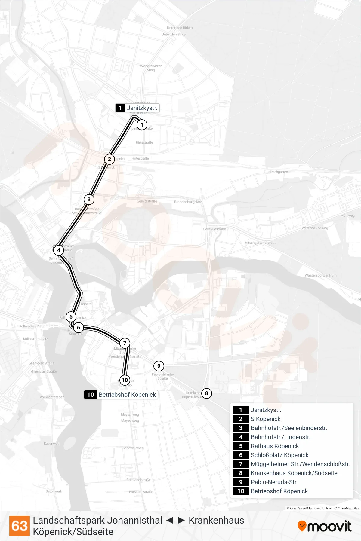 Linie 63 (Straßenbahn) Richtung Betriebshof Köpenick: Route und Haltestellen auf der Karte