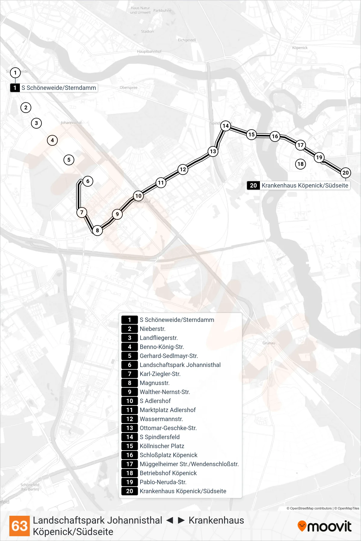 Linie 63 (Straßenbahn) Richtung Krankenhaus Köpenick/Südseite: Route und Haltestellen auf der Karte