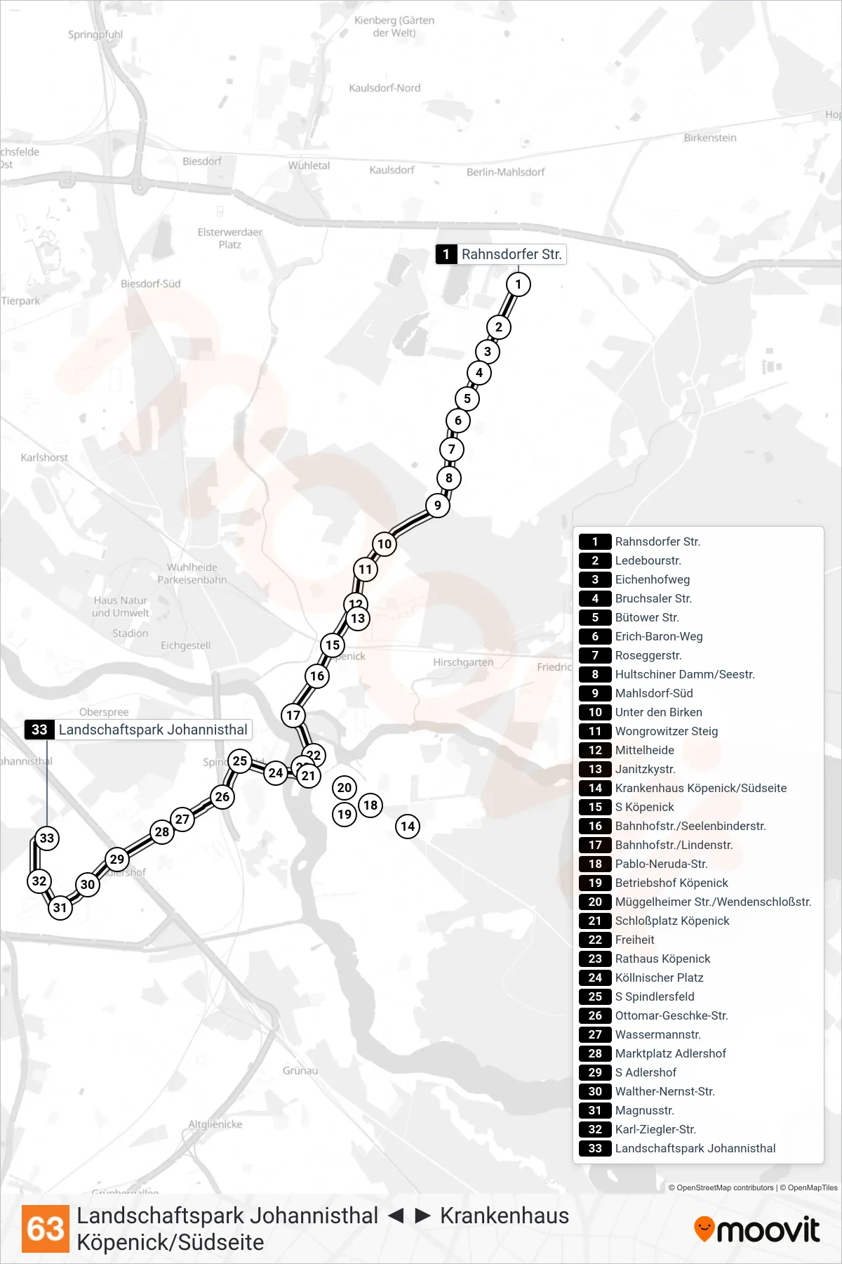 Linie 63 (Straßenbahn) Richtung Landschaftspark Johannisthal: Route und Haltestellen auf der Karte