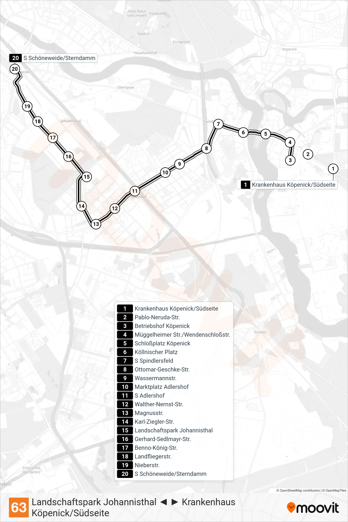 Linie 63 (Tram) Richtung S Schöneweide/Sterndamm: Route und Haltestellen auf der Karte