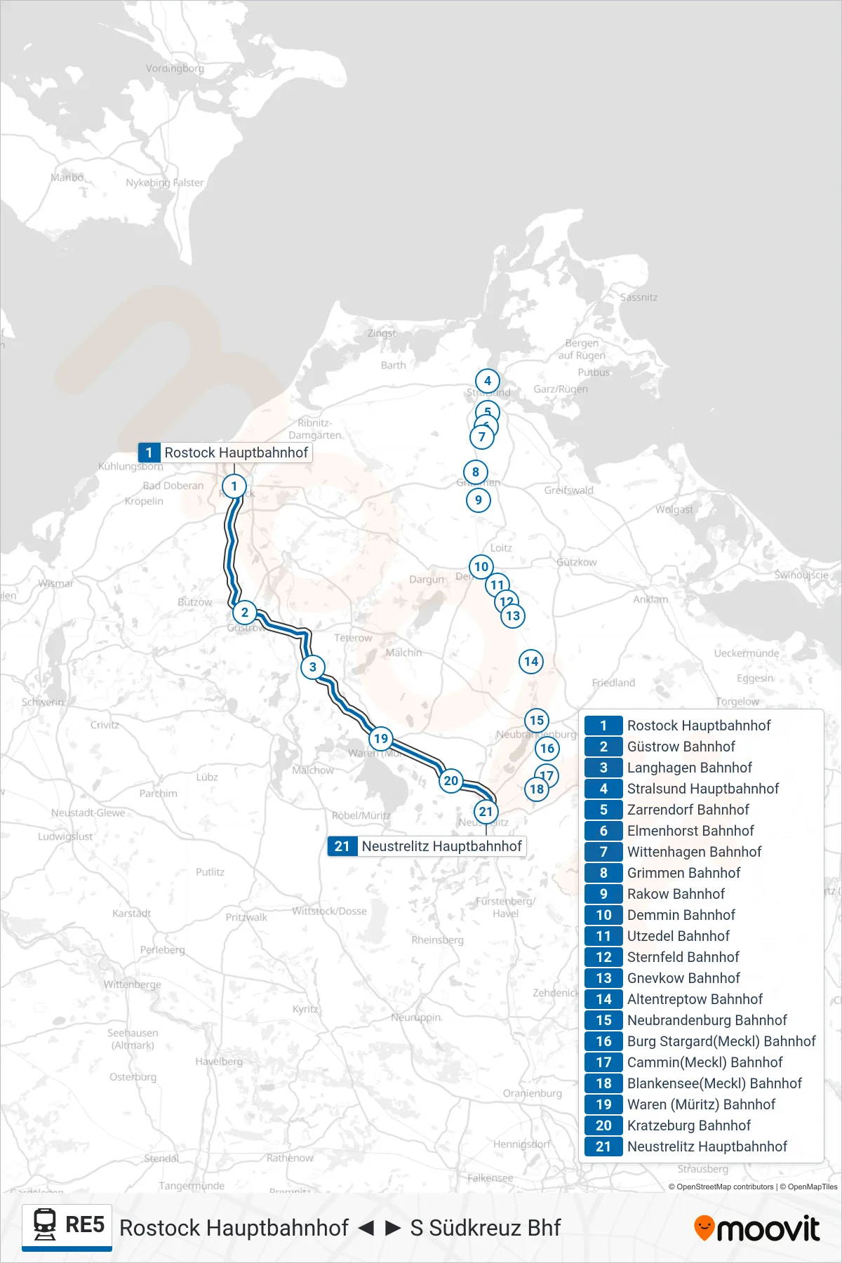 Linie RE5 (Bahn) Richtung Neustrelitz Hauptbahnhof: Route und Haltestellen auf der Karte