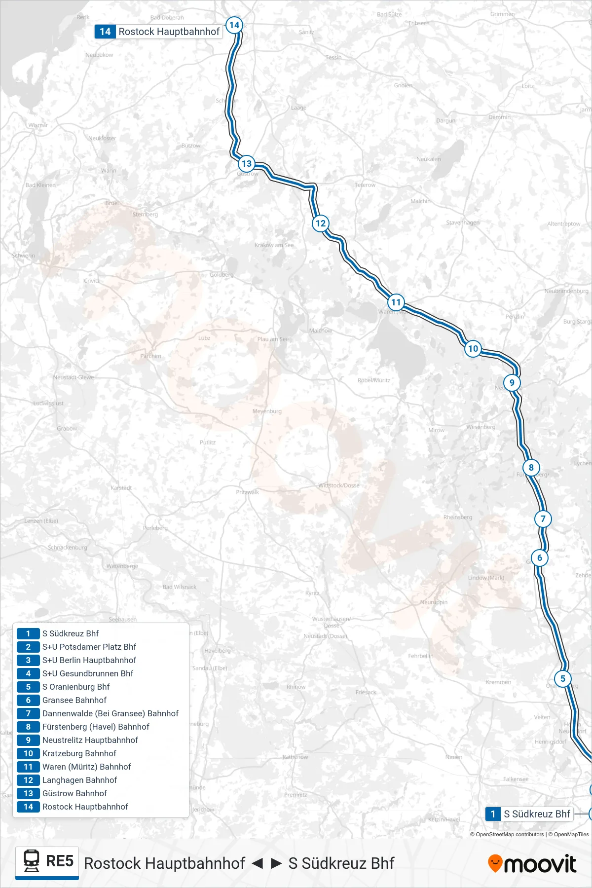 Linie RE5 (Bahn) Richtung Rostock Hauptbahnhof: Route und Haltestellen auf der Karte