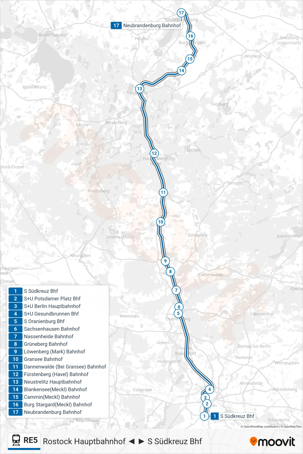 Linie RE5 (Bahn) Richtung Neubrandenburg Bahnhof: Route und Haltestellen auf der Karte