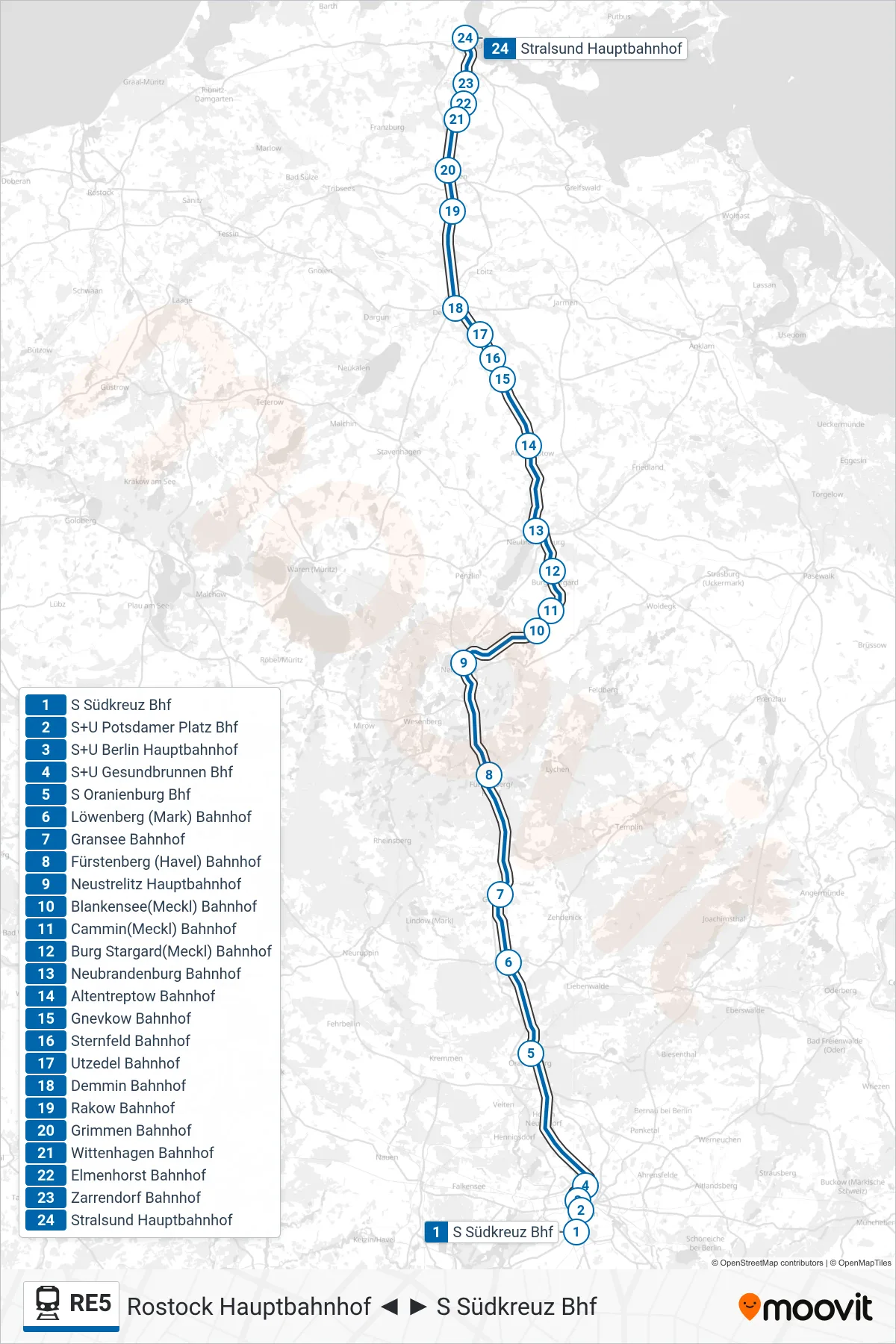 Linie RE5 (Bahn) Richtung Stralsund Hauptbahnhof: Route und Haltestellen auf der Karte