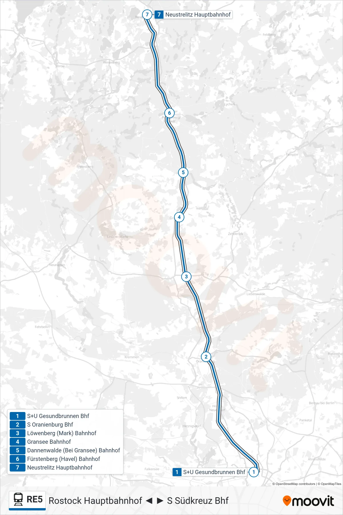 Linie RE5 (Bahn) Richtung Neustrelitz Hauptbahnhof: Route und Haltestellen auf der Karte