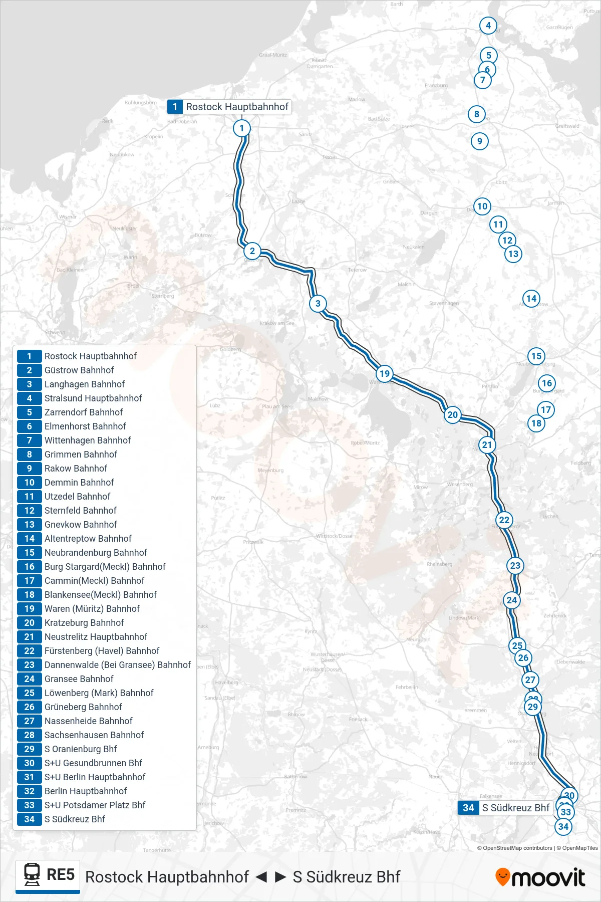 Linie RE5 (Bahn) Richtung S Südkreuz Bhf: Route und Haltestellen auf der Karte