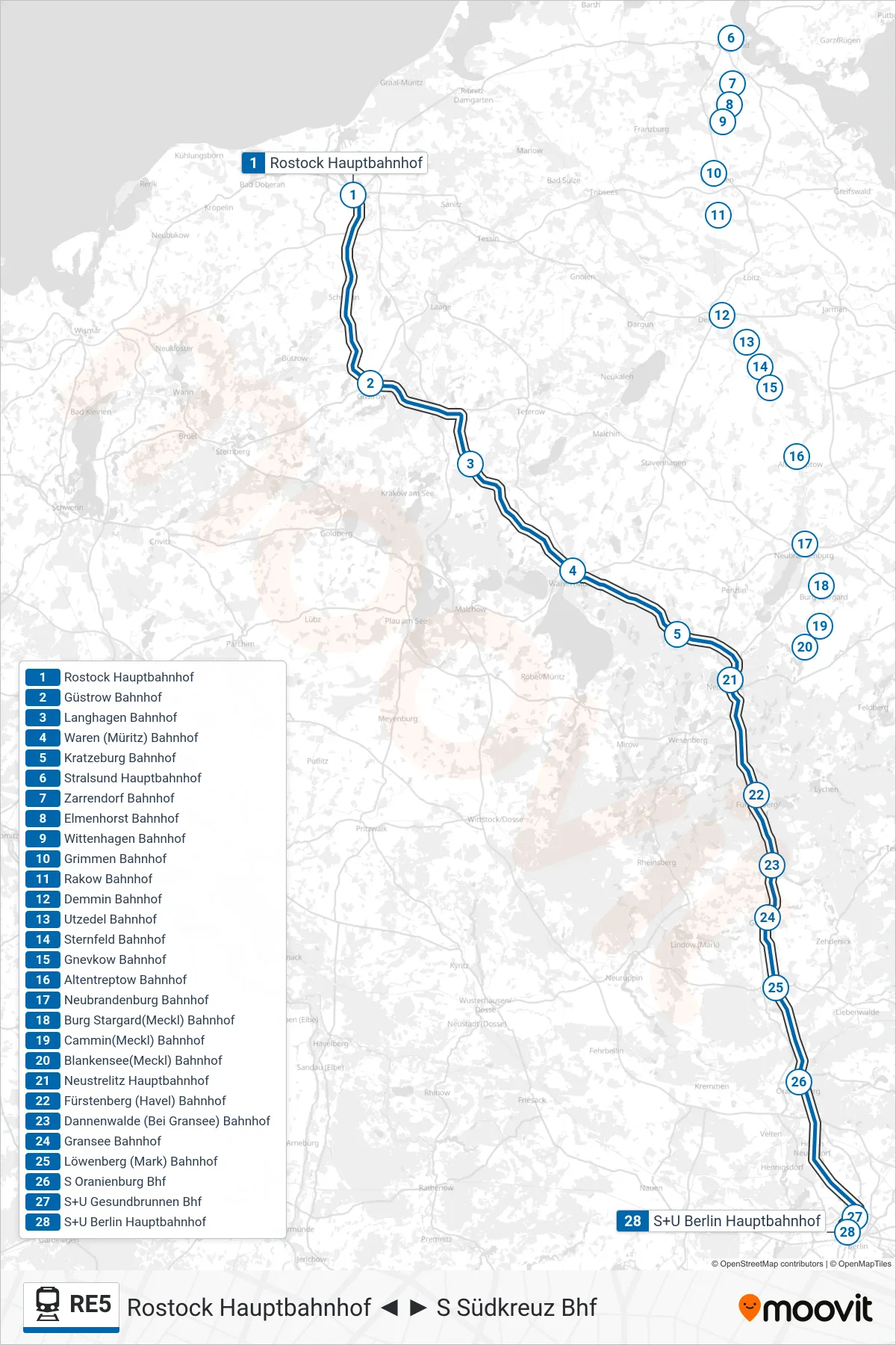 Linie RE5 (Bahn) Richtung S+U Berlin Hauptbahnhof: Route und Haltestellen auf der Karte