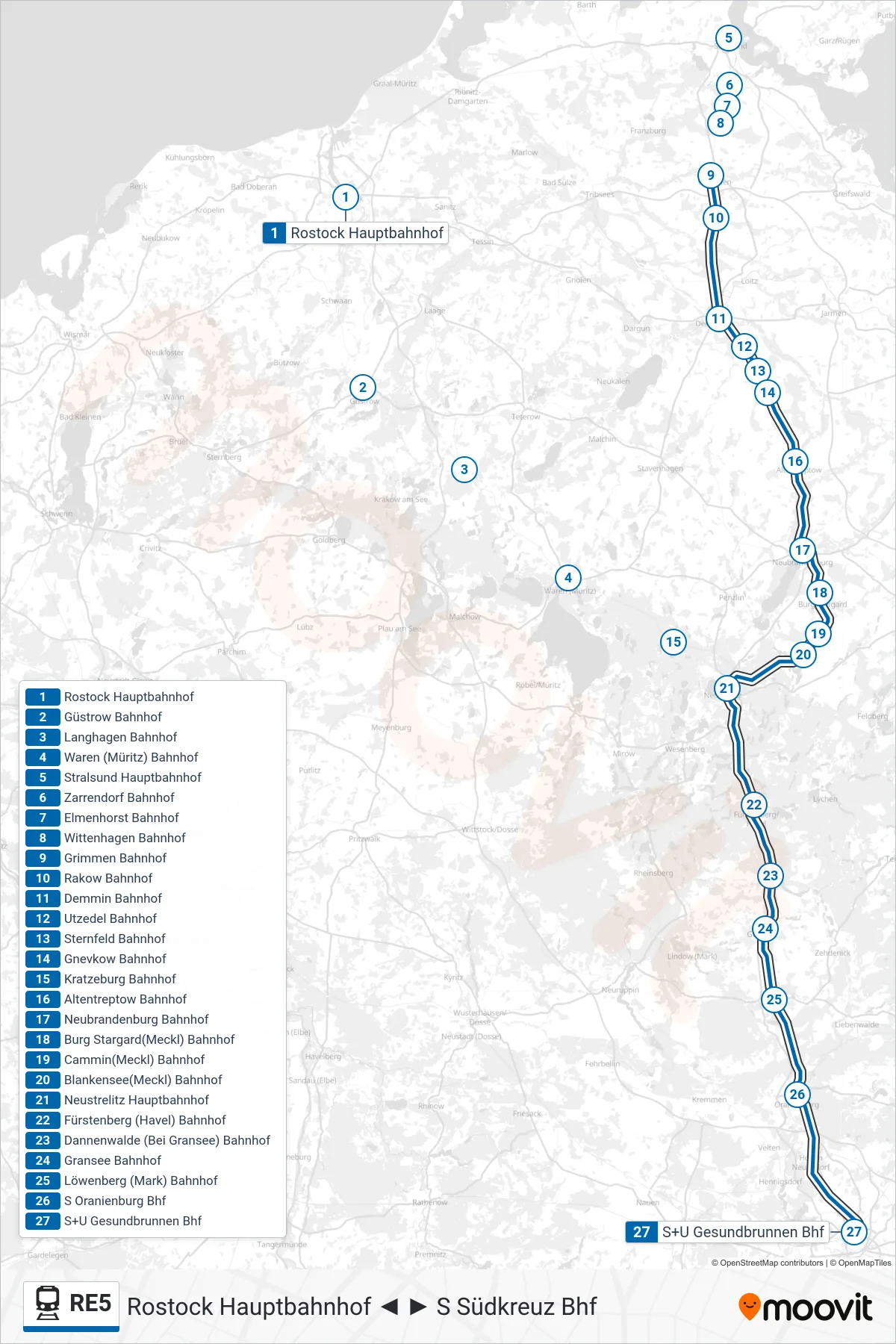 Linie RE5 (Bahn) Richtung S+U Gesundbrunnen Bhf: Route und Haltestellen auf der Karte