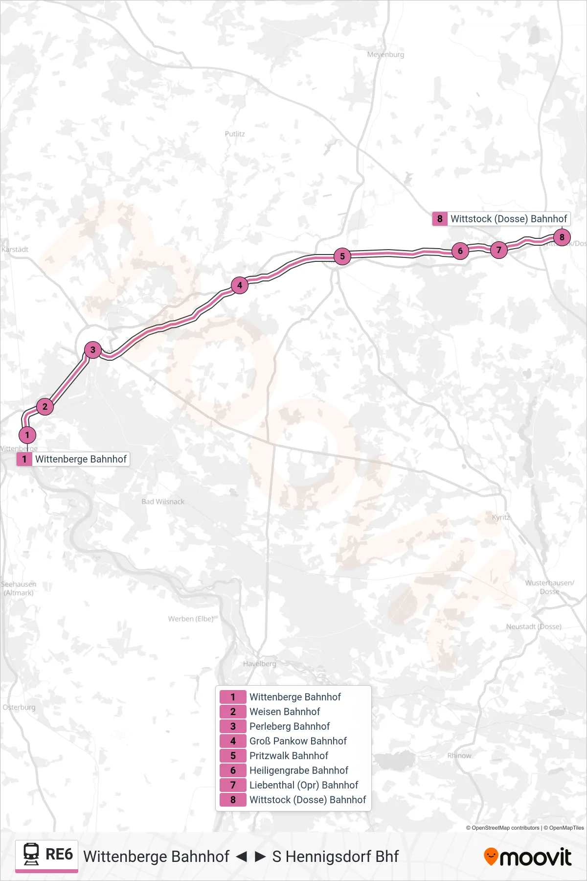 Linie RE6 (Bahn) Richtung Wittstock (Dosse) Bahnhof: Route und Haltestellen auf der Karte