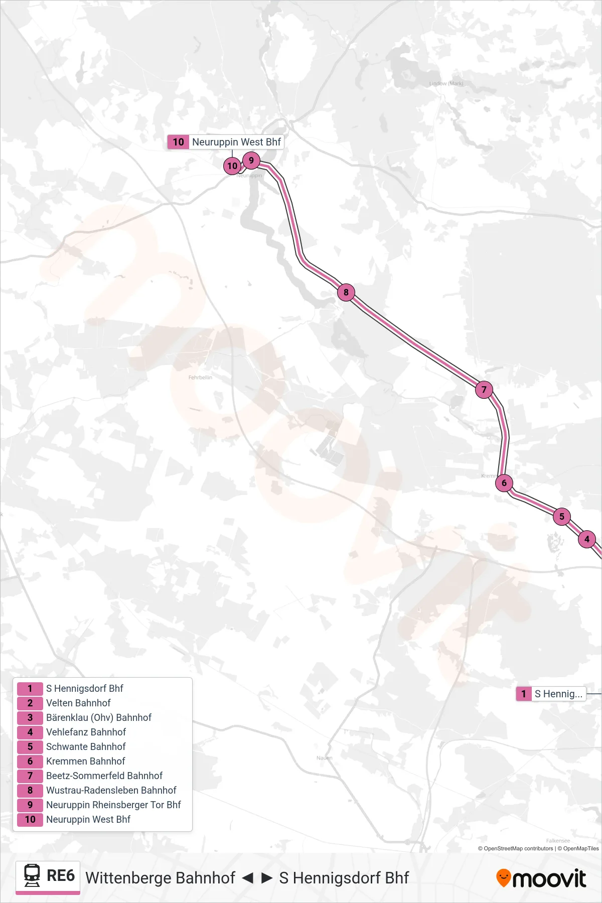Linie RE6 (Bahn) Richtung Neuruppin West Bhf: Route und Haltestellen auf der Karte
