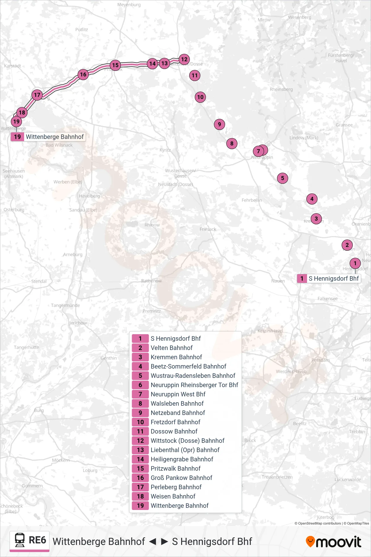 Linie RE6 (Bahn) Richtung Wittenberge Bahnhof: Route und Haltestellen auf der Karte