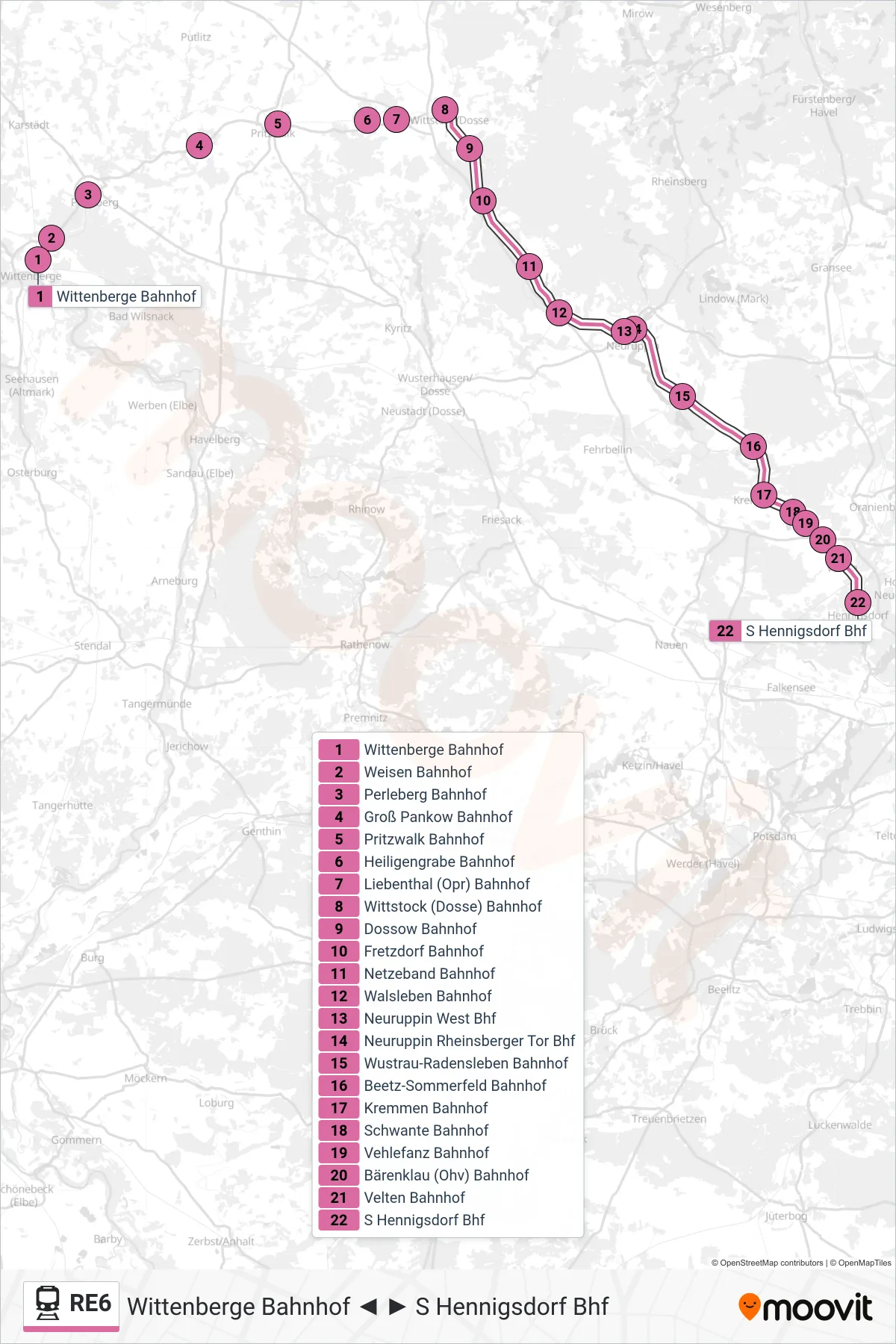 Linie RE6 (Bahn) Richtung S Hennigsdorf Bhf: Route und Haltestellen auf der Karte