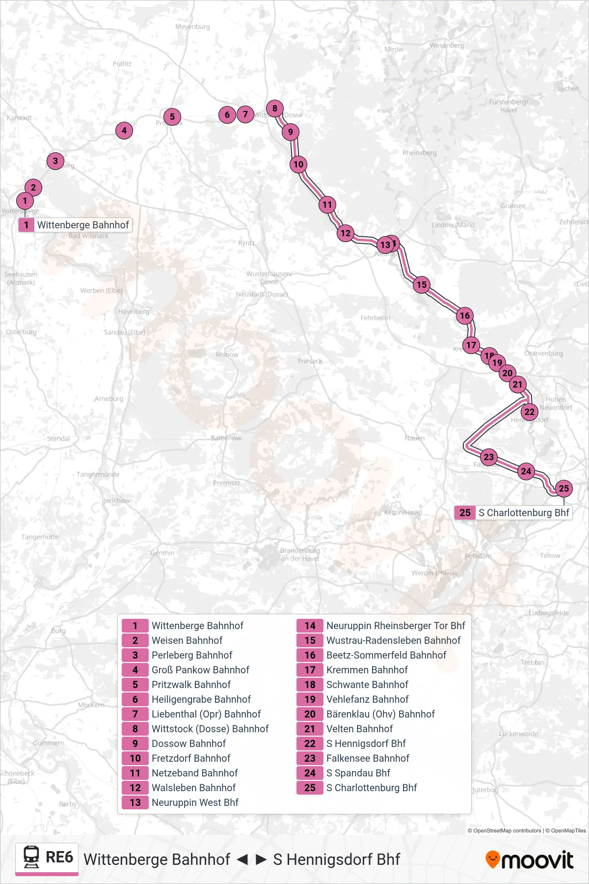RE6 train Line (S Charlottenburg Bhf) route and stops on a map