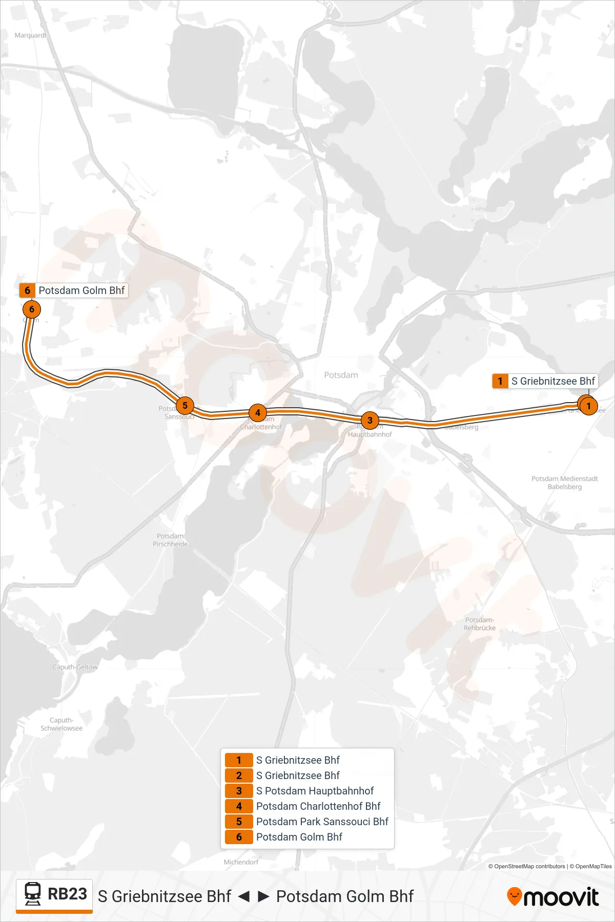 RB23 train Line (Potsdam Golm Bhf) route and stops on a map