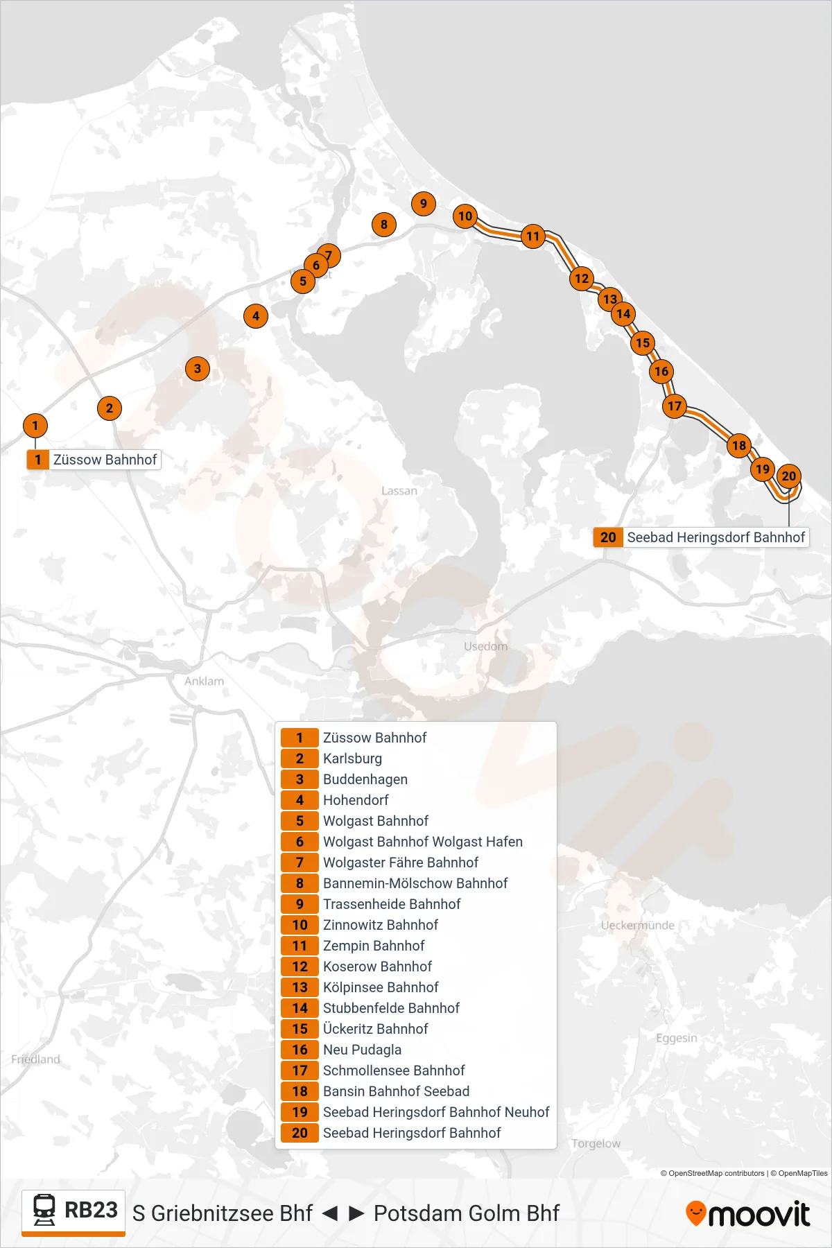 Linie RB23 (Bahn) Richtung Seebad Heringsdorf Bahnhof: Route und Haltestellen auf der Karte