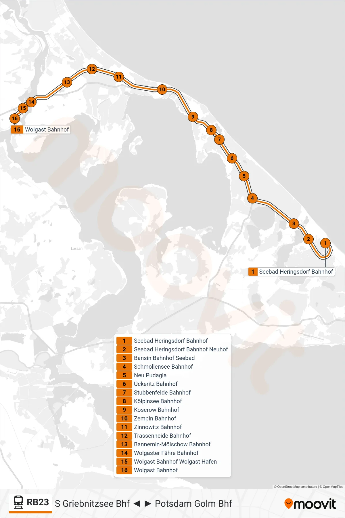 Linie RB23 (Bahn) Richtung Wolgast Bahnhof: Route und Haltestellen auf der Karte