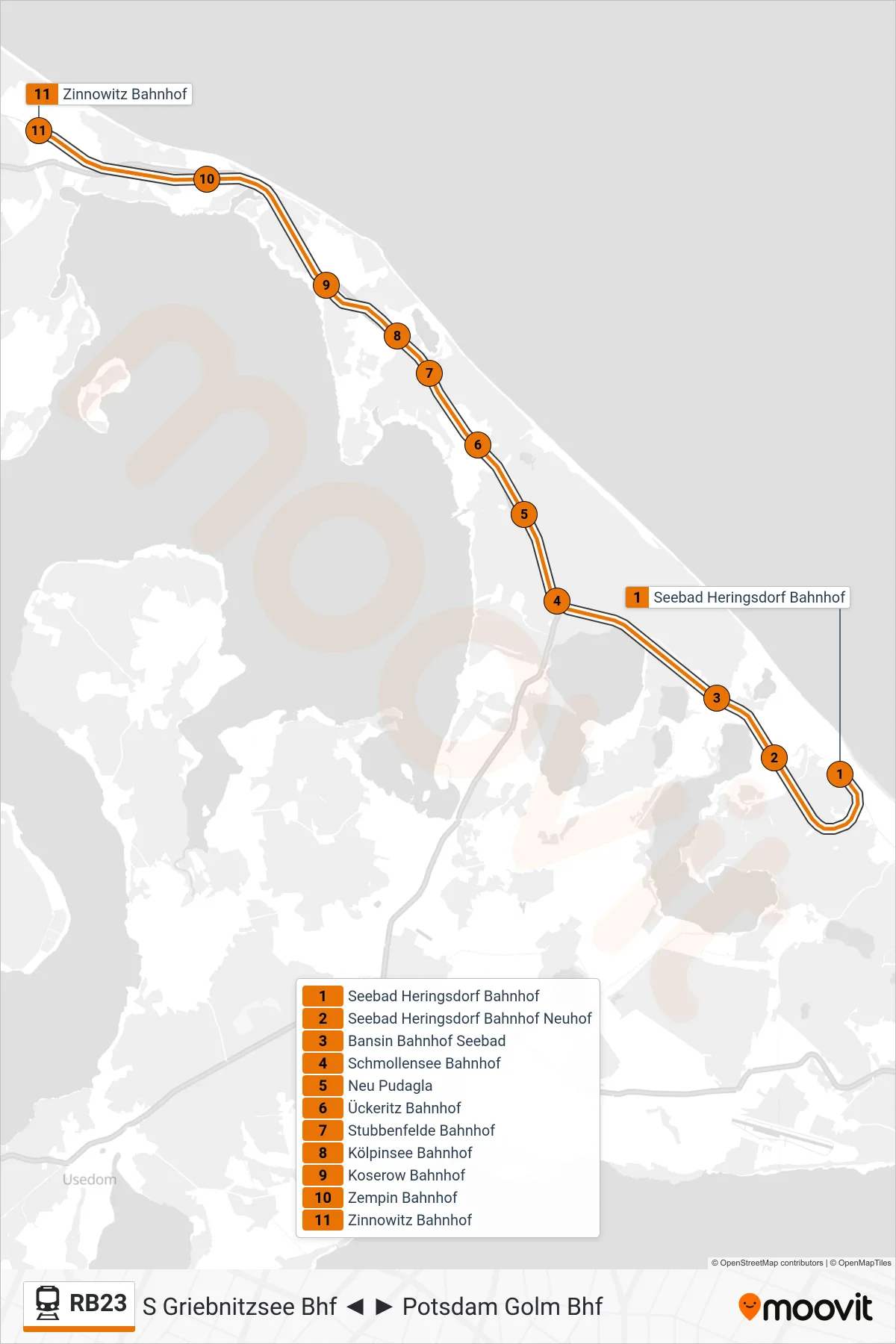 Linie RB23 (Bahn) Richtung Zinnowitz Bahnhof: Route und Haltestellen auf der Karte