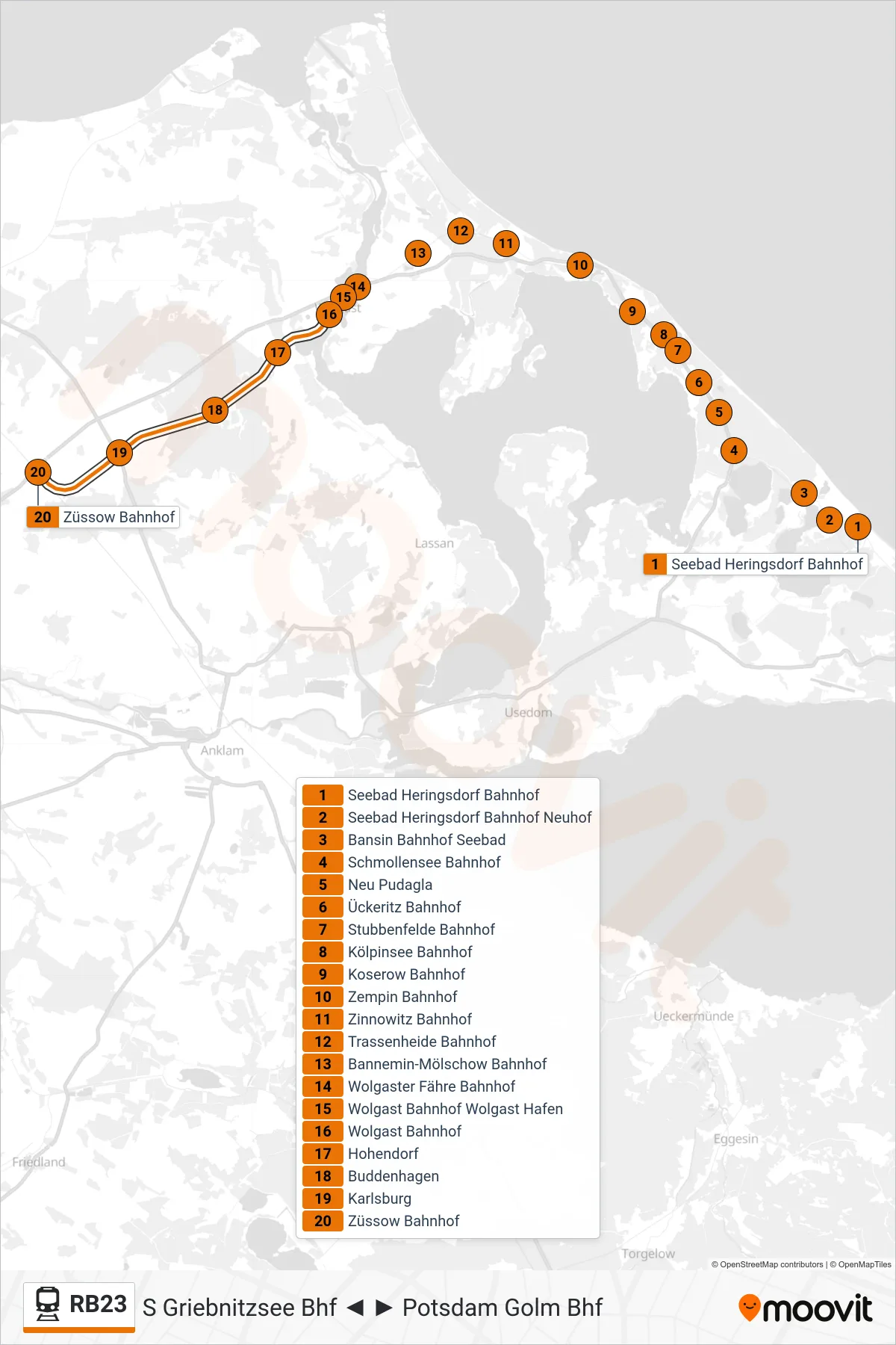 RB23 train Line (Züssow Bahnhof) route and stops on a map